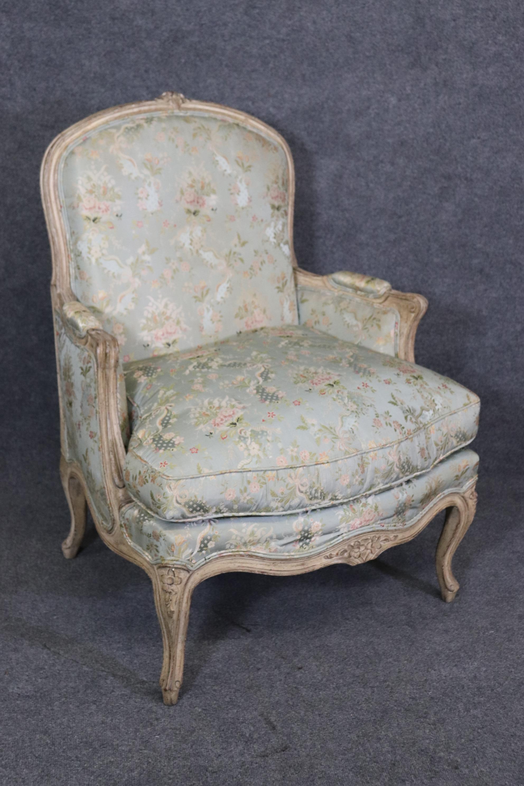 Rare Pair Signed Maison Jansen Distressed Painted French Louis XV Bergere Chairs 3