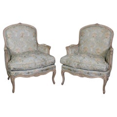 Rare Pair Signed Maison Jansen Distressed Painted French Louis XV Bergere Chairs