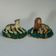Rare Pair Staffordshire Lion and Lioness Figures