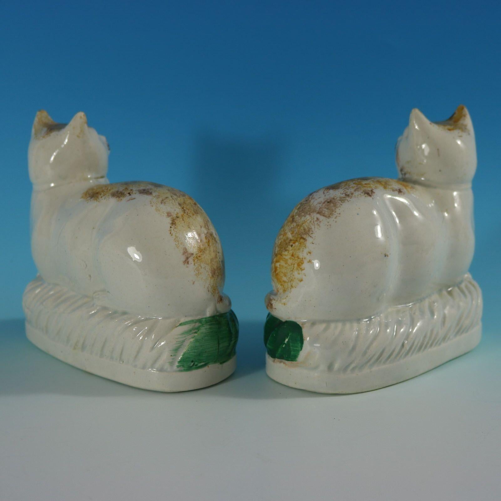 Victorian Rare Pair Staffordshire Pottery Cats on Cushions For Sale
