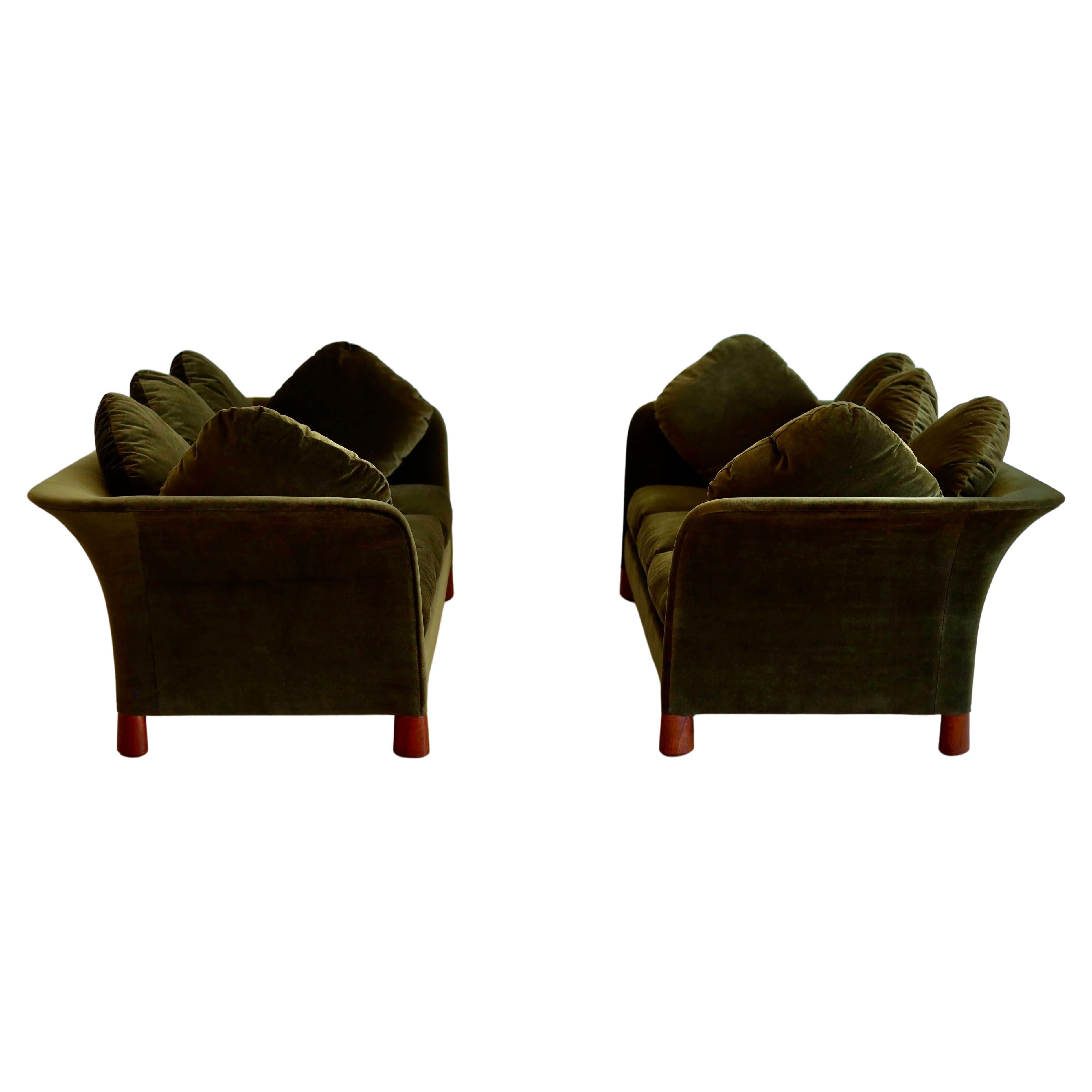 Please feel free to reach out for efficient shipping to your zip code.

Pair Tuxedo Sofas by Cedric Hartman.
Circa 1969.
Model #15C.
Fully restored in olive cotton velvet.
Solid sculpted tusk form feet.
