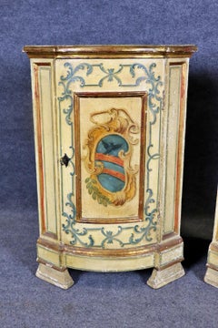 Rare Pair Venetian Italian Paint Decorated Corner Cabinets Pedestals Circa 1890