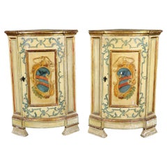 Rare Pair Venetian Italian Paint Decorated Corner Cabinets Pedestals Circa 1890