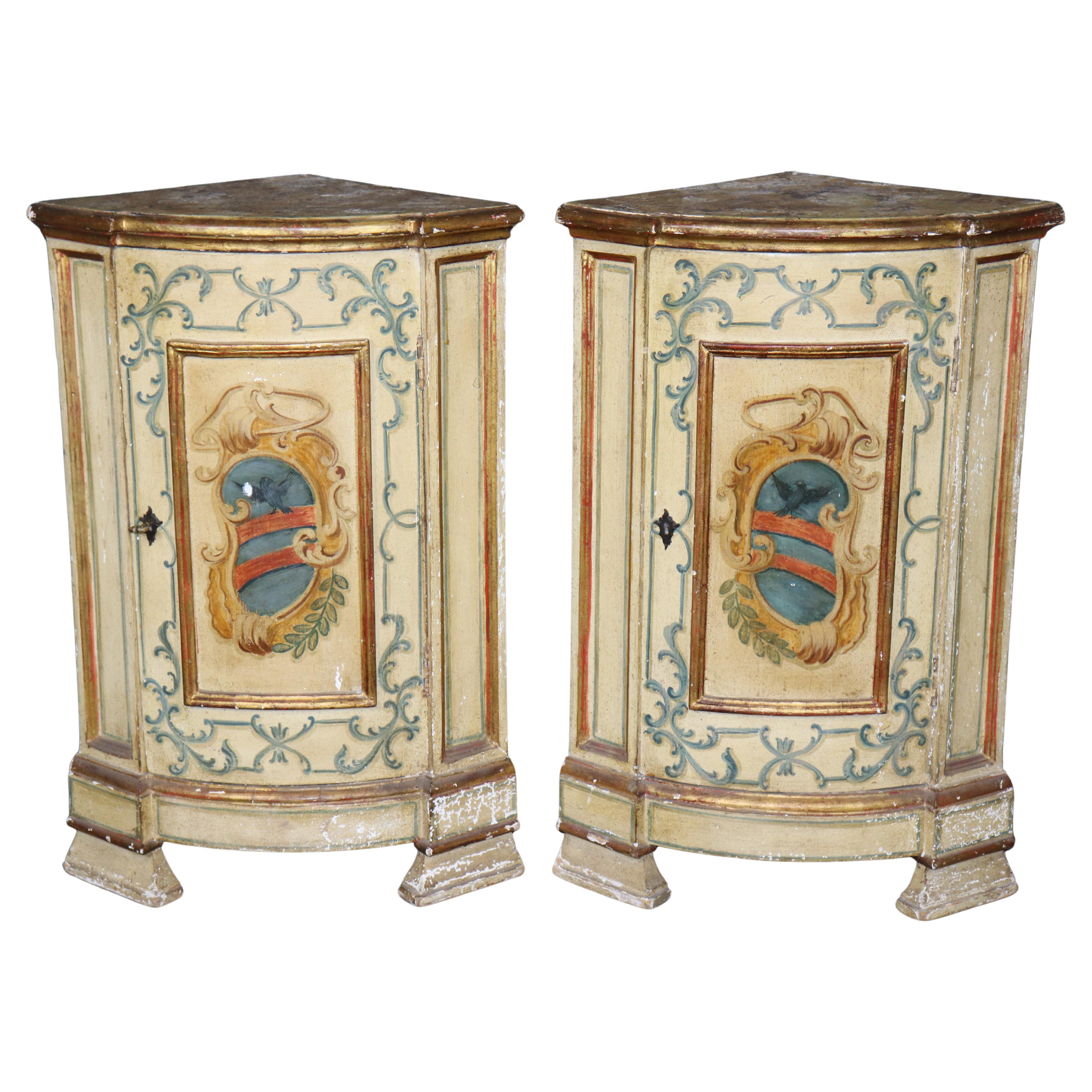 Rare Pair Venetian Italian Paint Decorated Corner Cabinets Pedestals Circa 1890