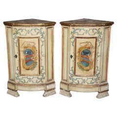 Rare Pair Venetian Italian Paint Decorated Corner Cabinets Pedestals Circa 1890