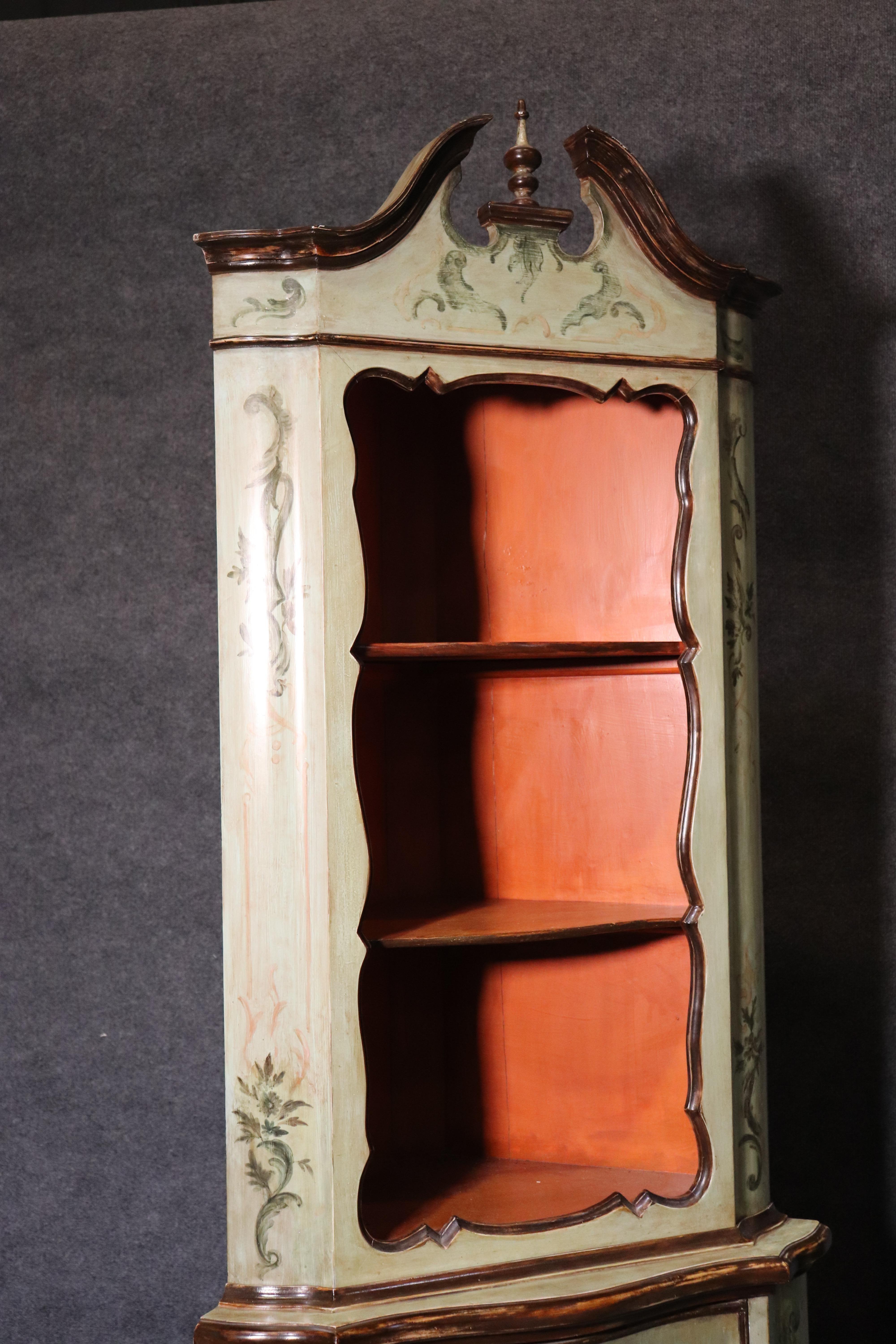 Late 19th Century Rare Pair of Venetian Paint Decorated Italian Corner Cabinets Cupboards, 1890s