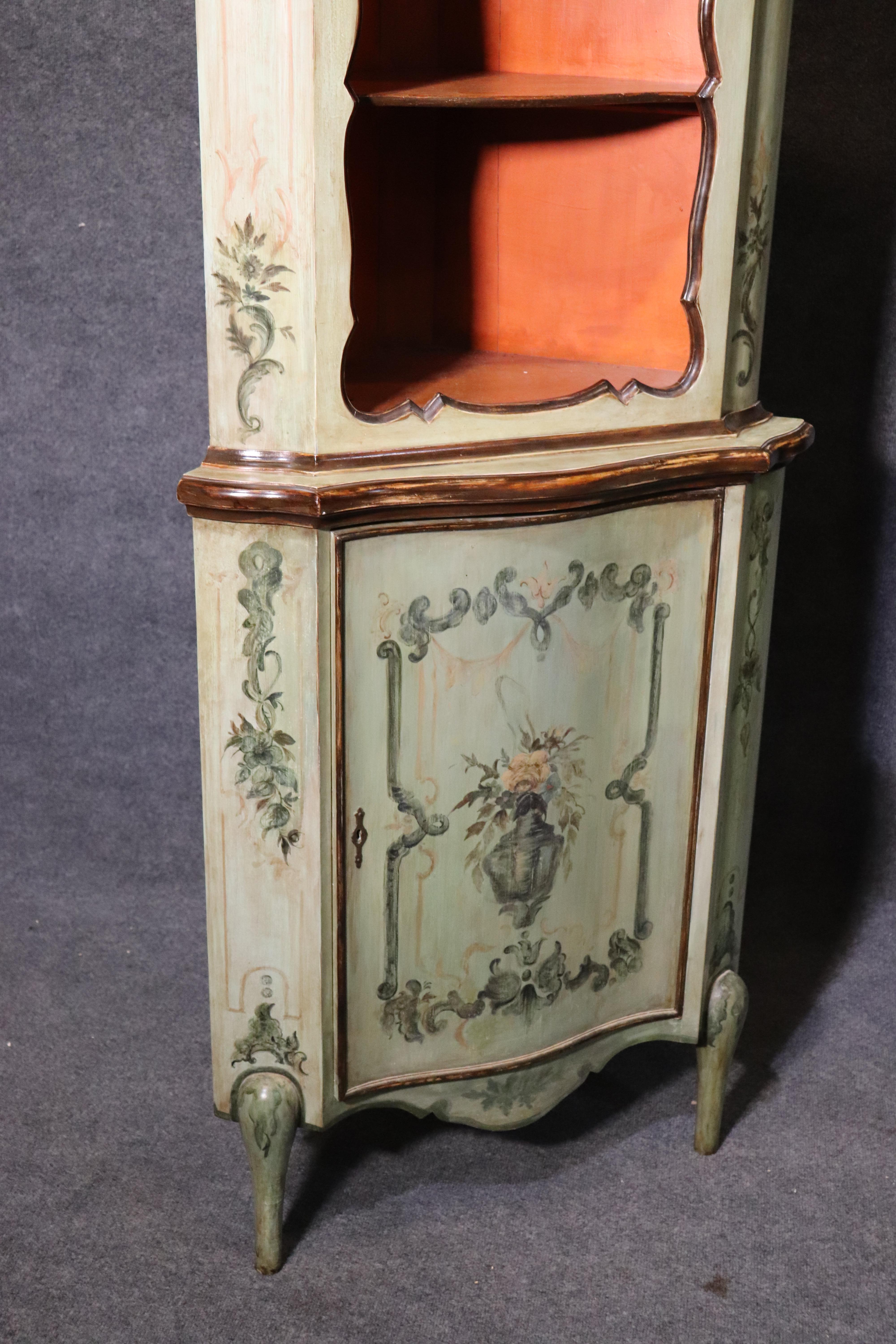 Pine Rare Pair of Venetian Paint Decorated Italian Corner Cabinets Cupboards, 1890s