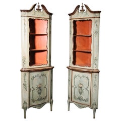 Rare Pair of Venetian Paint Decorated Italian Corner Cabinets Cupboards, 1890s