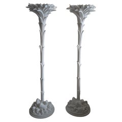 Rare pair vintage Serge Roche style palm leaf floor lamps / torchieres 1970s