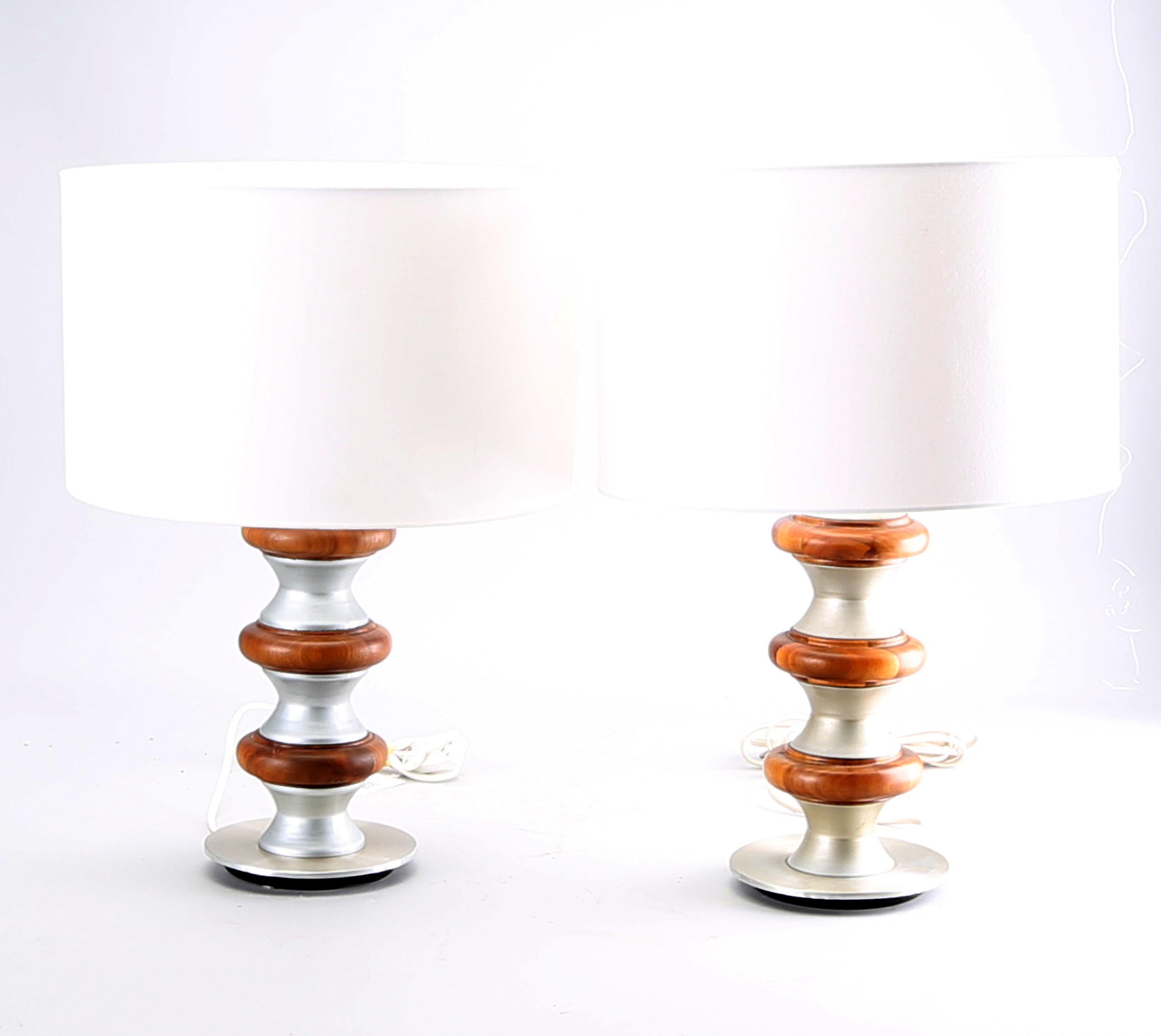 Swedish Rare Pair Wood and Metal Table Lamp, Sweden, 1970 For Sale