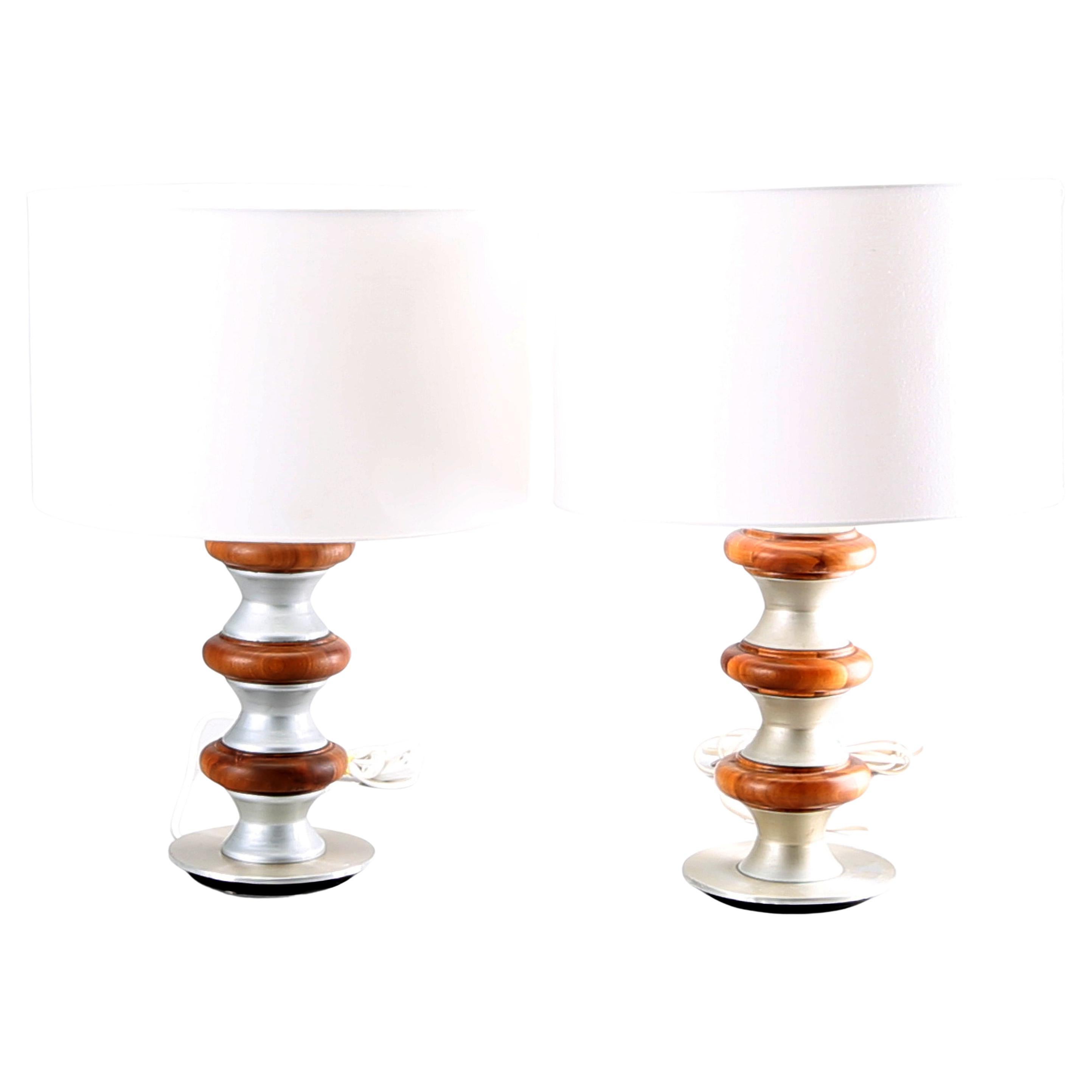 Rare Pair Wood and Metal Table Lamp, Sweden, 1970 For Sale