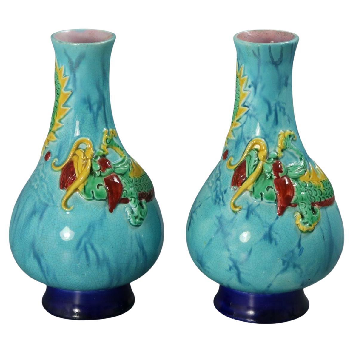 Rare Pair Worcester Majolica Dragon Vases For Sale