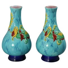 Rare Pair Worcester Majolica Dragon Vases