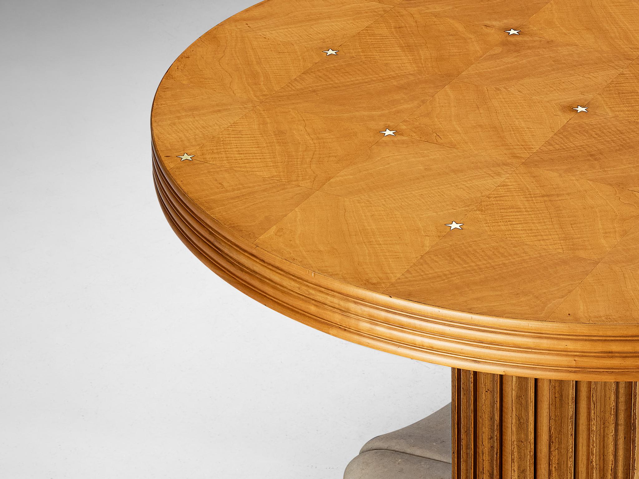 Art Deco Rare Paolo Buffa Round Dining Table with Marble Petal Base and Brass Star Inlay  For Sale