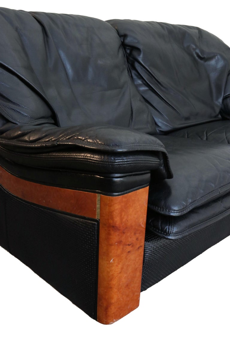 Rare Paolo Gucci for Formitalia Black Leather Two-Seat Sofa, Italy