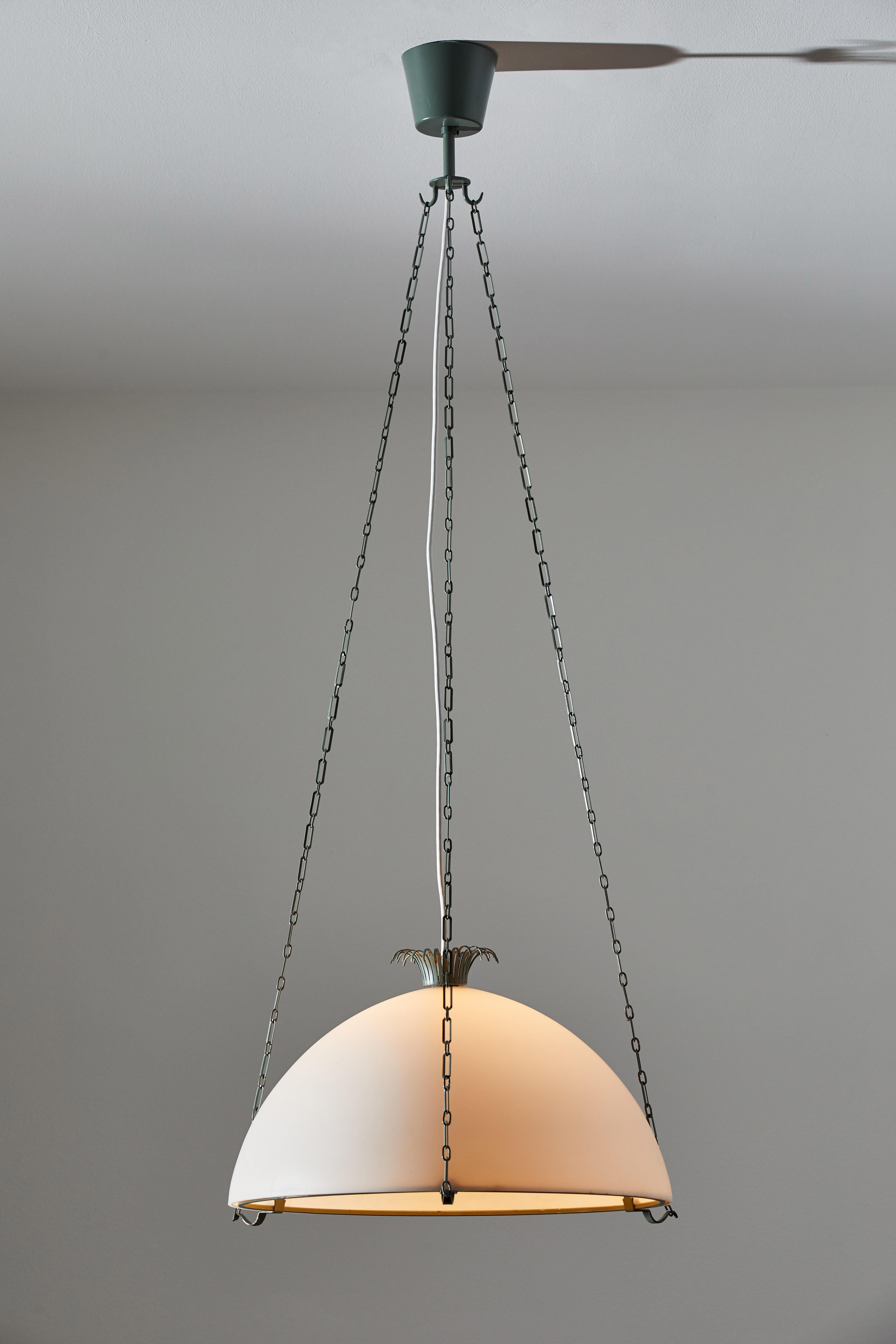 Rare parachute suspension light by Erik Gunnar Asplund. Designed and manufactured in Sweden, circa mid-1920s mid-1930s. Enameled metal armature and chain, brushed satin glass diffuser. Rewired for U.S. junction boxes. Takes one E27 100w maximum