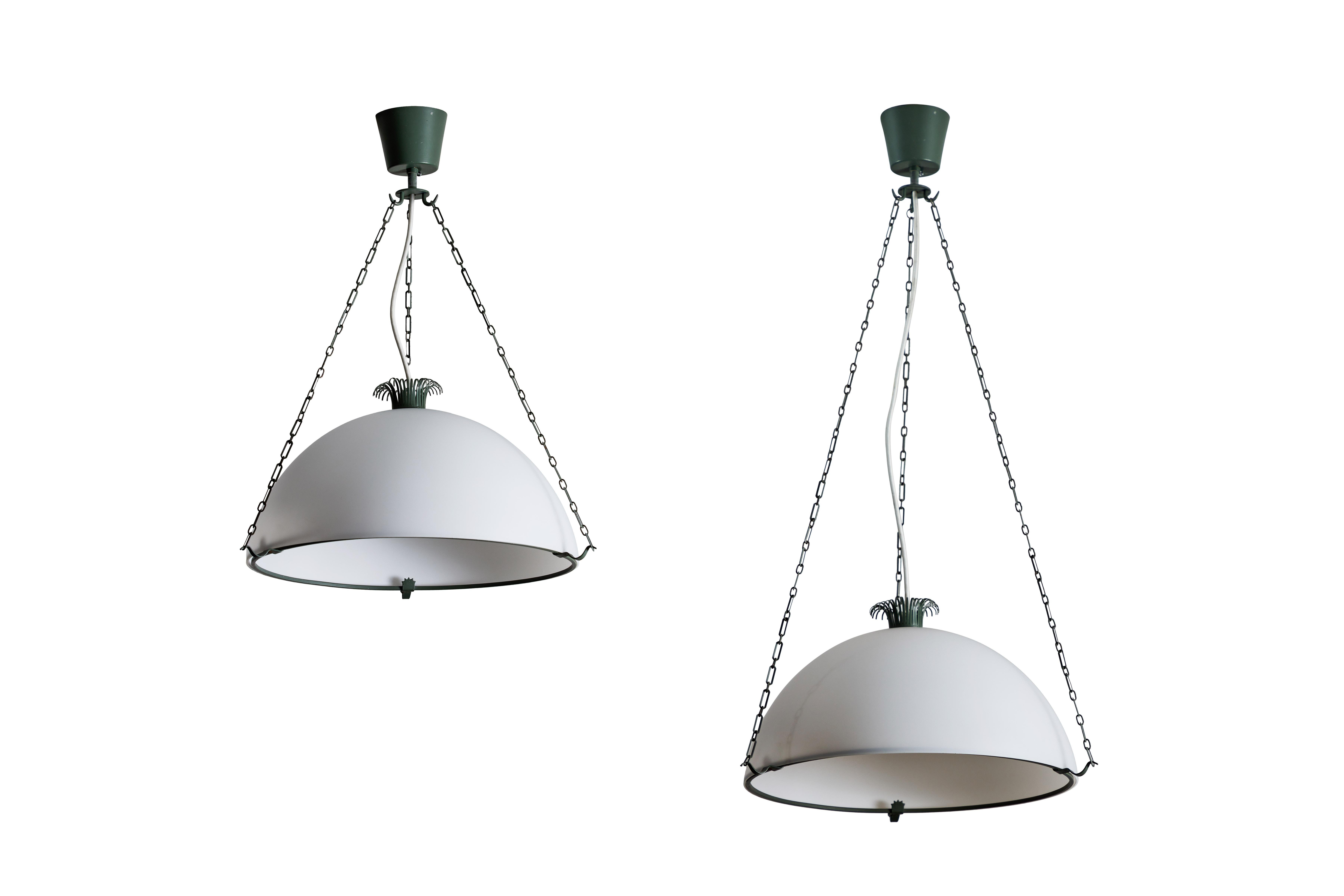 Rare Parachute suspension light by Erik Gunnar Asplund. Designed and manufactured in Sweden, circa mid-1920s mid-1930s. Enameled metal armature and chain, brushed satin glass diffuser. Rewired for U.S. junction boxes. Takes one E27 100w maximum
