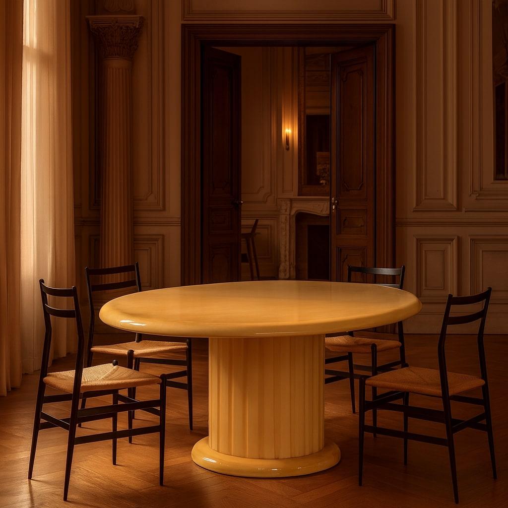 Exceptional oval table by Aldo Tura, crafted in Milan around 1960, entirely covered in natural parchment in a light cream hue with a high-gloss mirror finish.
A piece of remarkable sculptural presence, it epitomizes Tura’s exploration of parchment