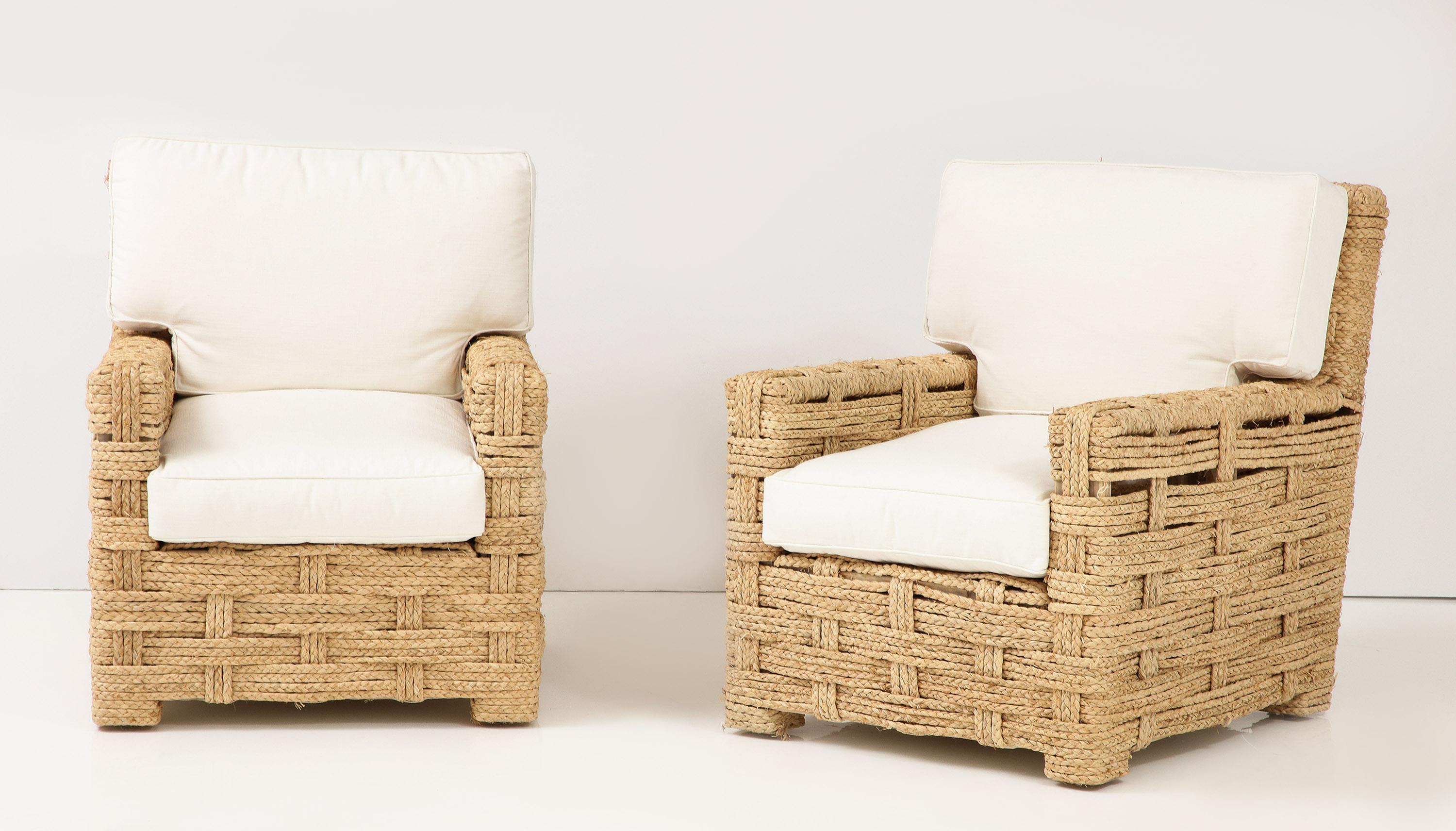 In very fine original condition, each chair is wrapped in braided raffia over an oak frame.
- Seat H.17.32