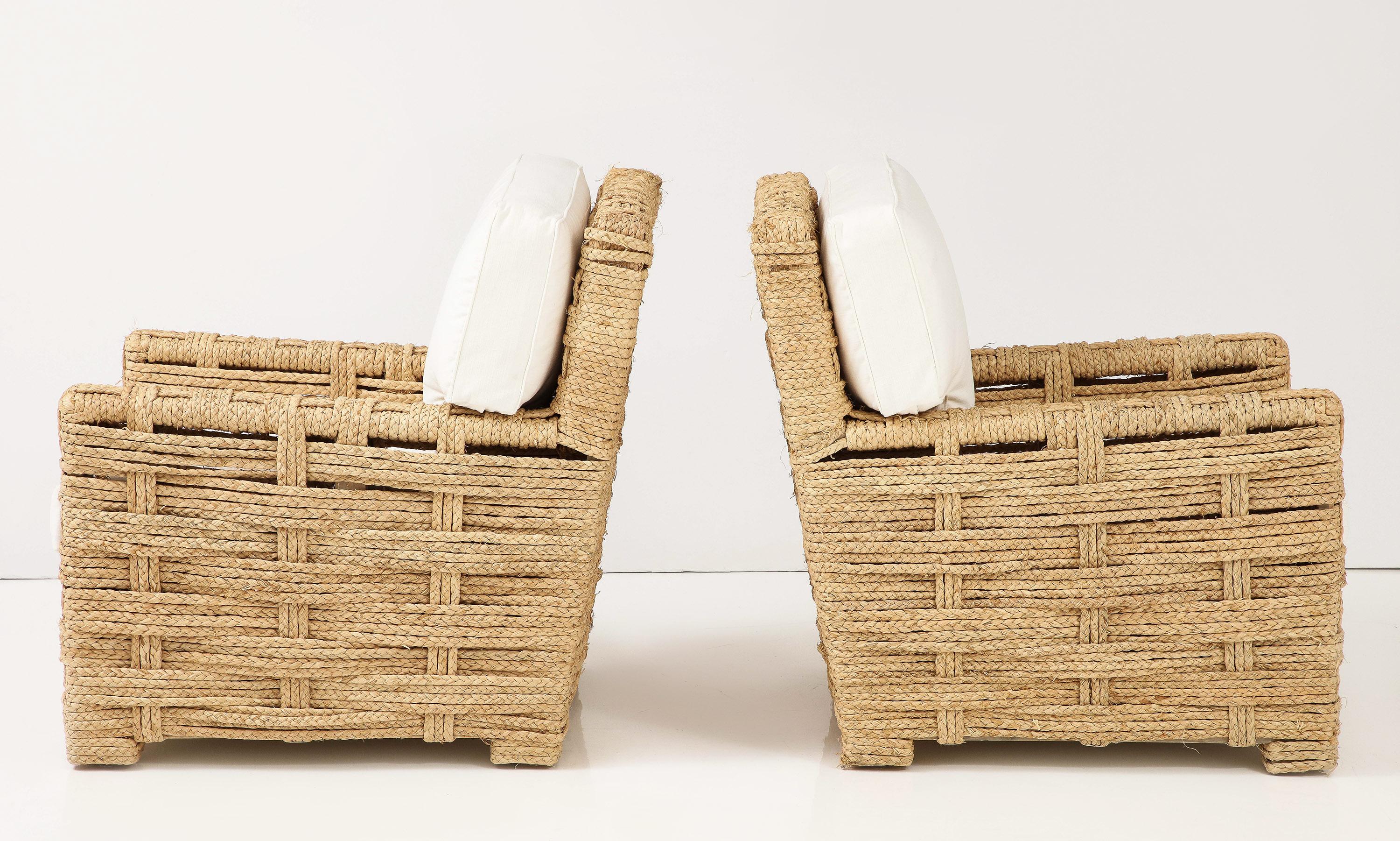 Mid-Century Modern Rare Pare of Raffia Arm Chairs by Adrien Audoux and Frida Minet For Sale