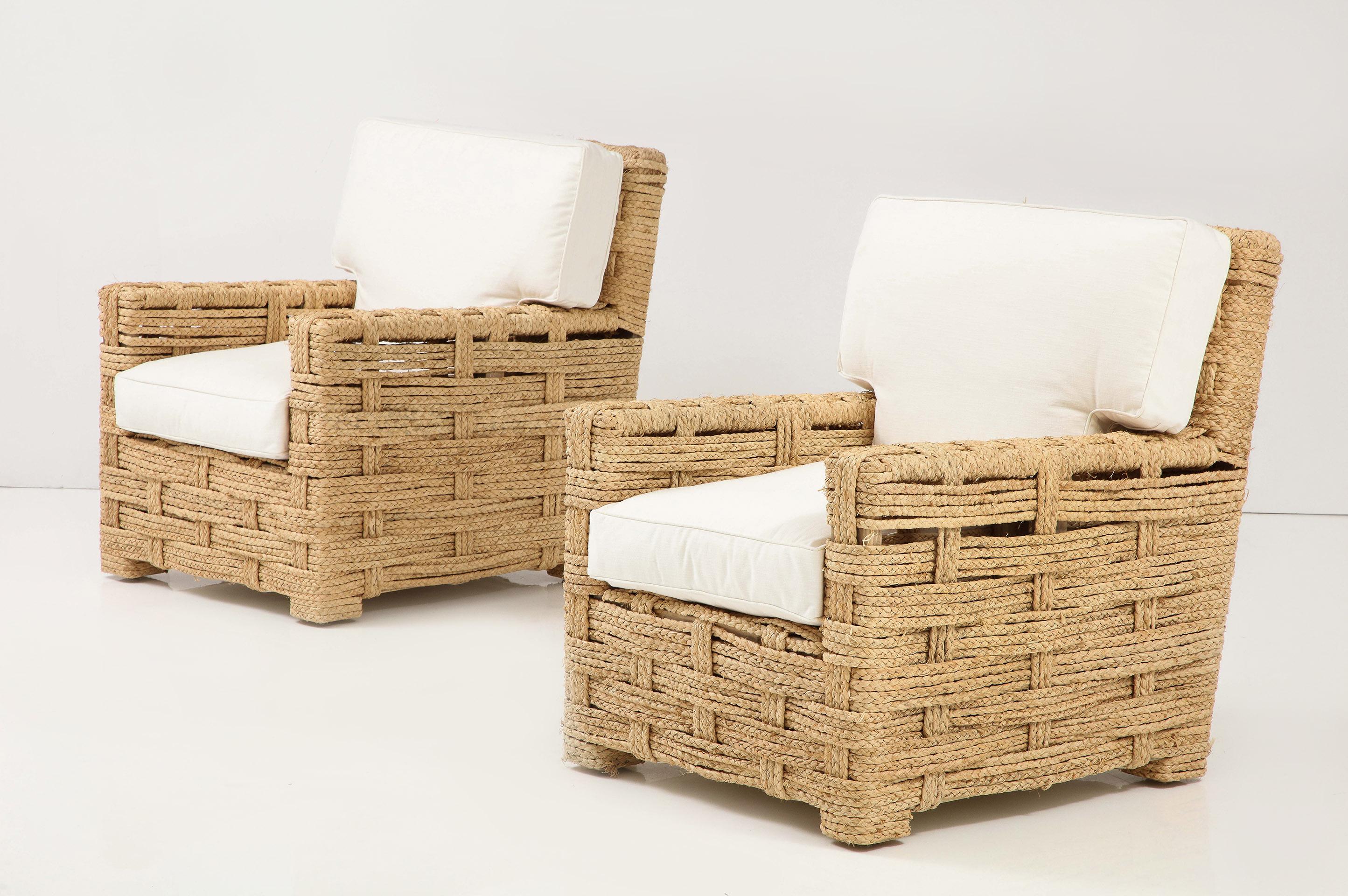 French Rare Pare of Raffia Arm Chairs by Adrien Audoux and Frida Minet For Sale