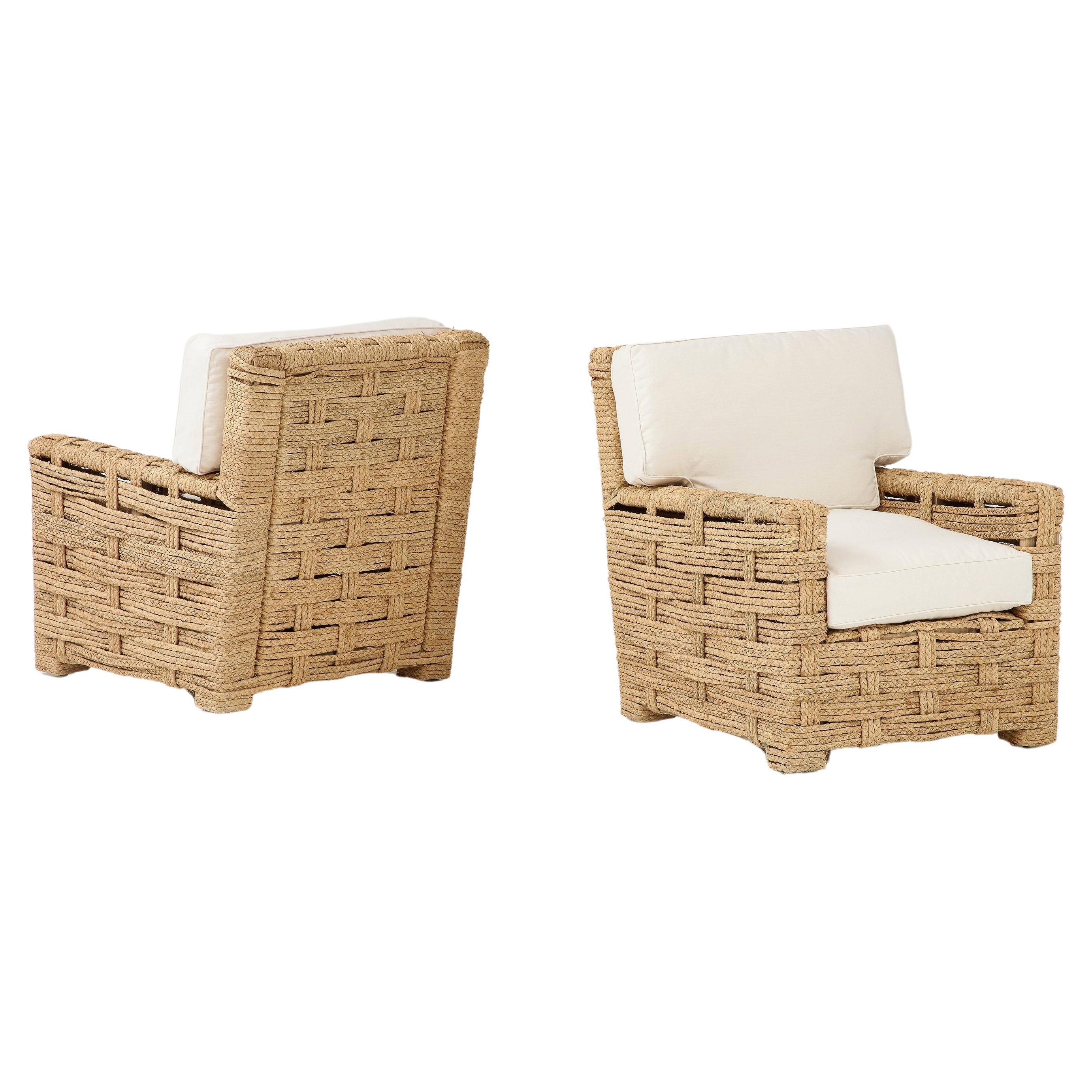 Rare Pare of Raffia Arm Chairs by Adrien Audoux and Frida Minet For Sale