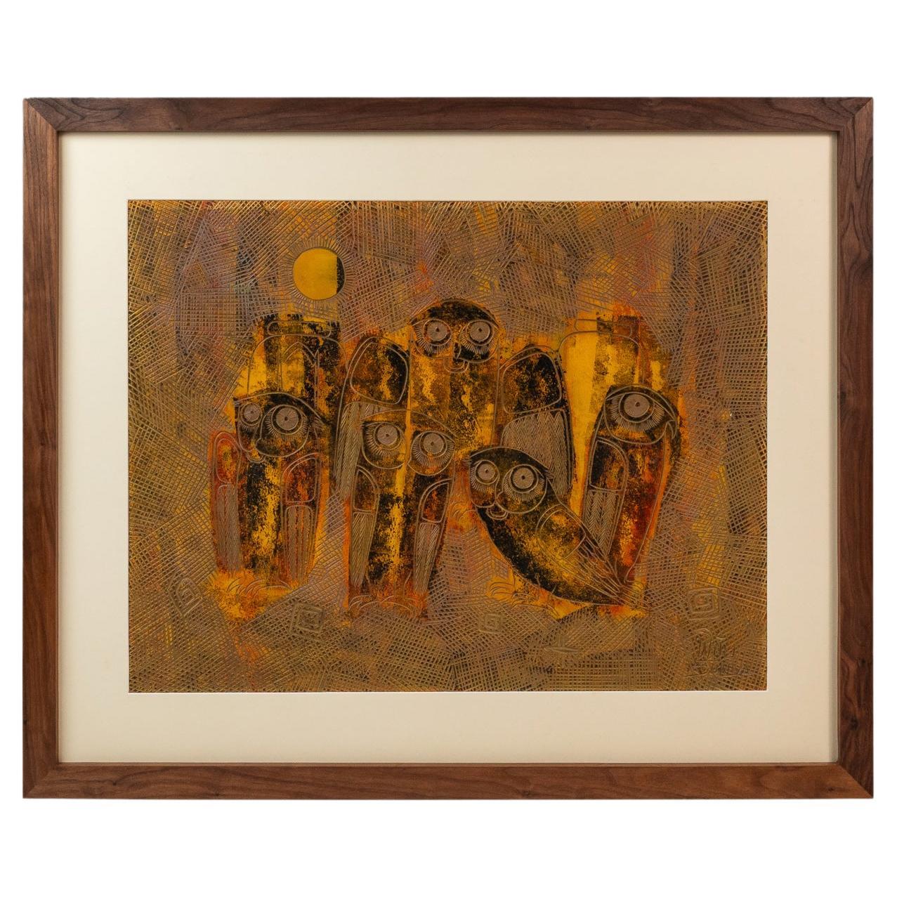 RARE Tableau du Parlement des hiboux avec cadre en noyer fait sur mesure, A.I.C., c. 1960s