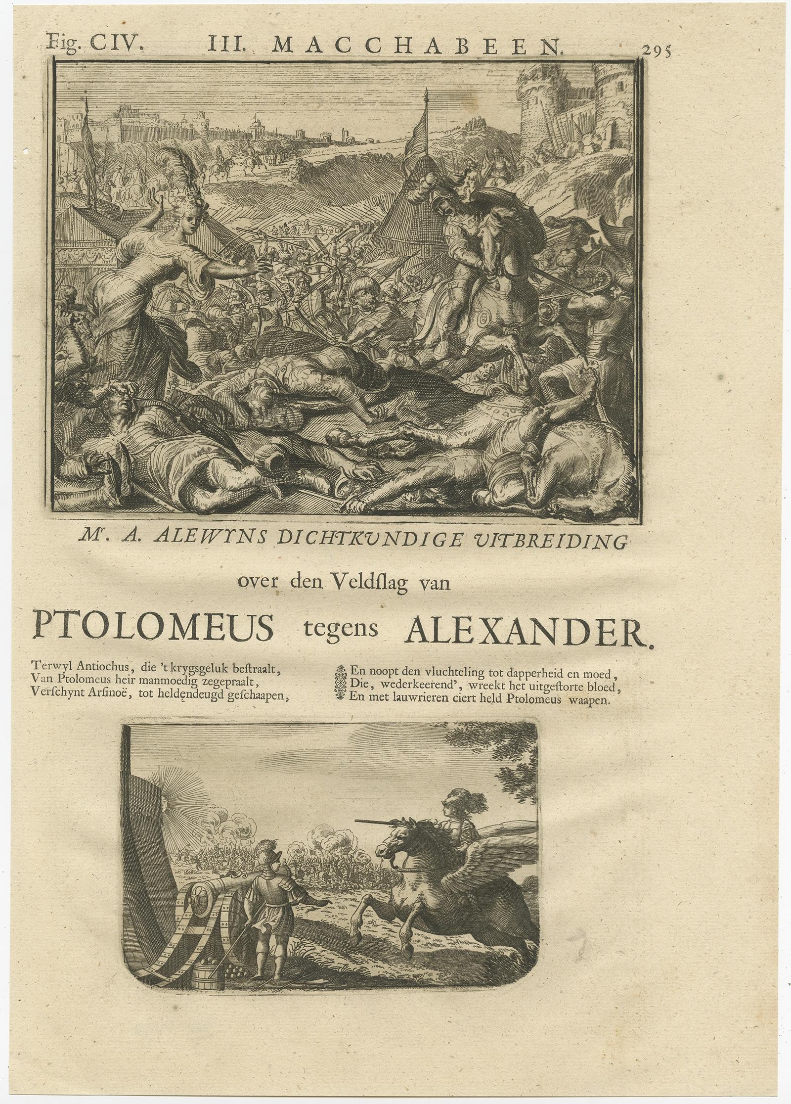 Antique print titled 'Mr. A. Alewyns dichtkundige uitbreiding over den Veldslag van Ptolomeus tegens Alexander (..)'. 

Antique print depicting the Battle of Ptolemy against Alexander the Great.

This print originates from 't Groot waerelds