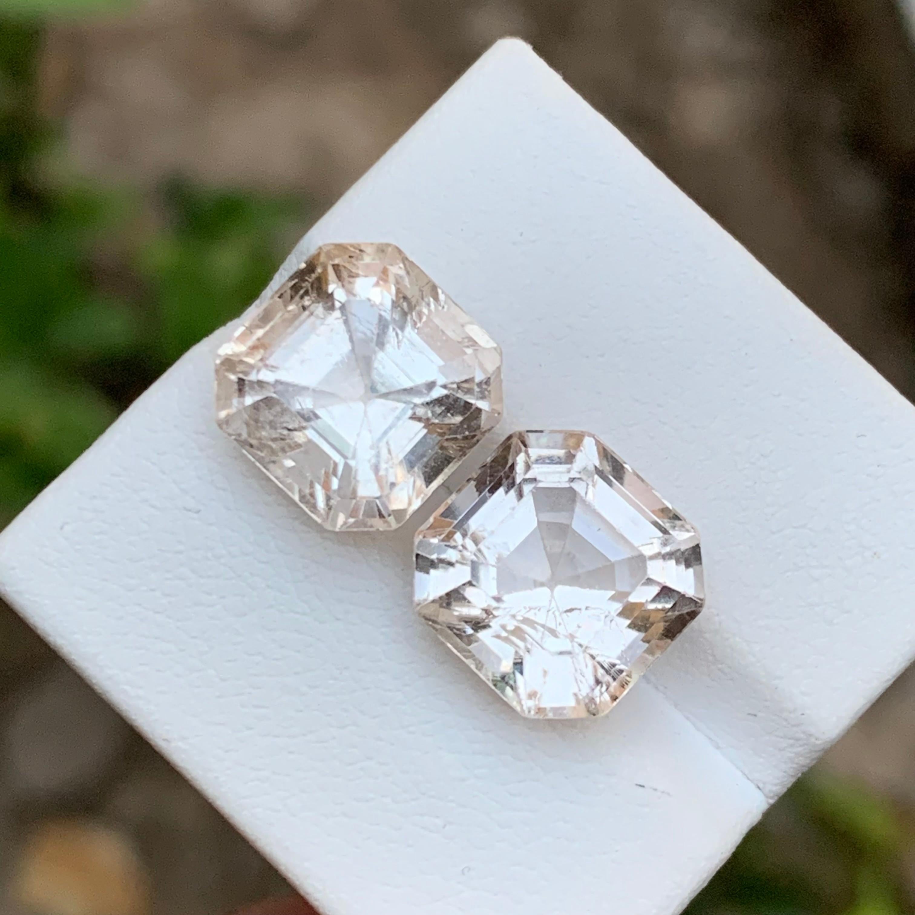 Rare Pastel Peach Natural Topaz Gemstone Pair, 19.35 Ct Asscher Cut for Earrings For Sale 3