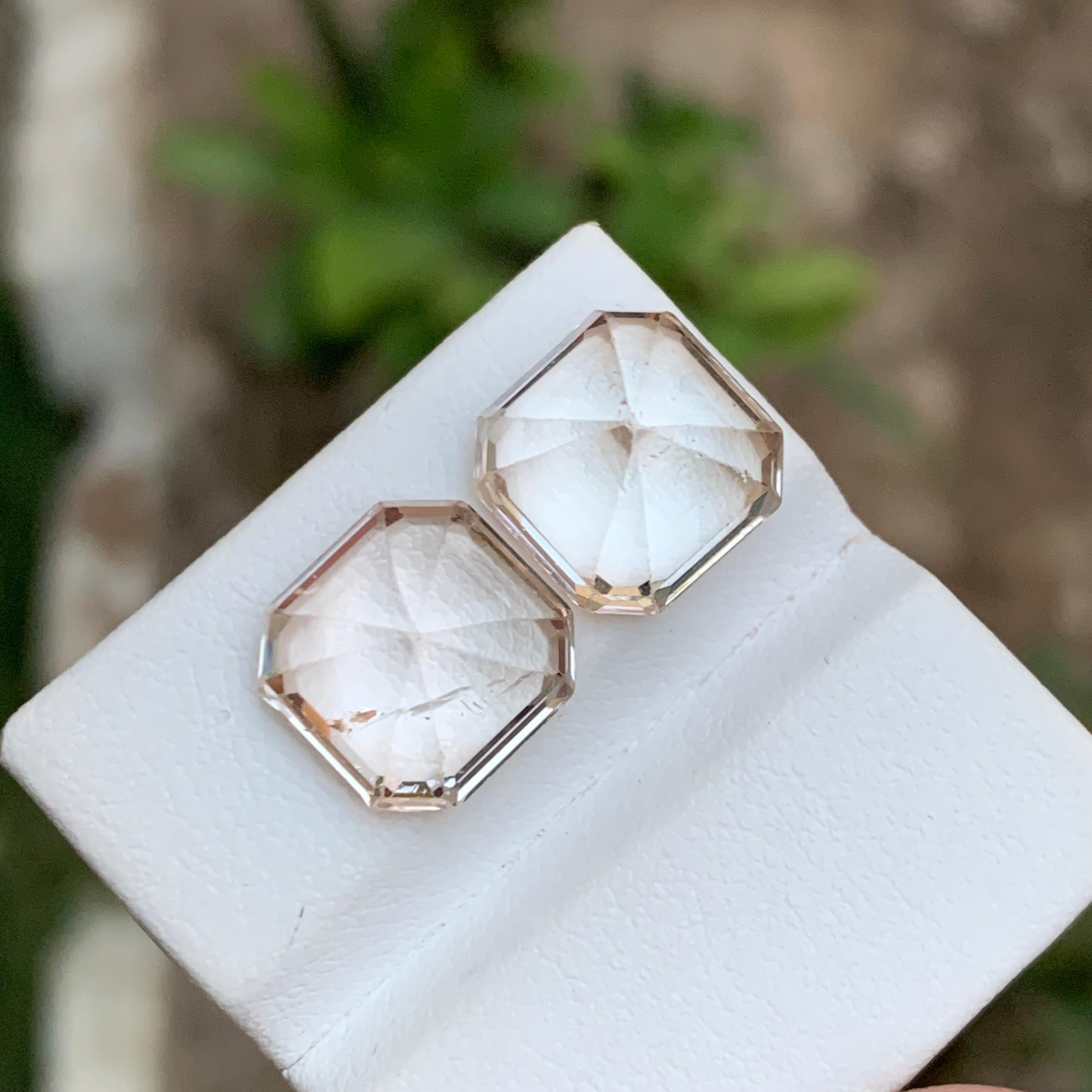 Contemporary Rare Pastel Peach Natural Topaz Gemstone Pair, 19.35 Ct Asscher Cut for Earrings For Sale