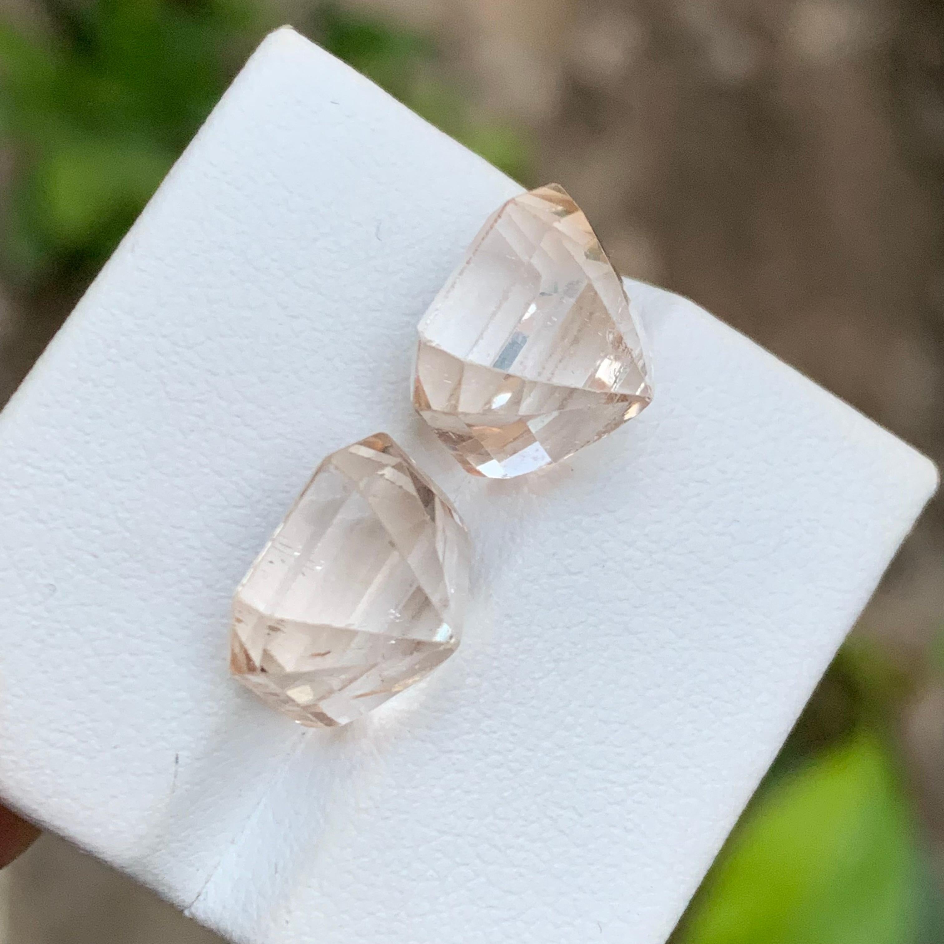 Women's or Men's Rare Pastel Peach Natural Topaz Gemstone Pair, 19.35 Ct Asscher Cut for Earrings For Sale
