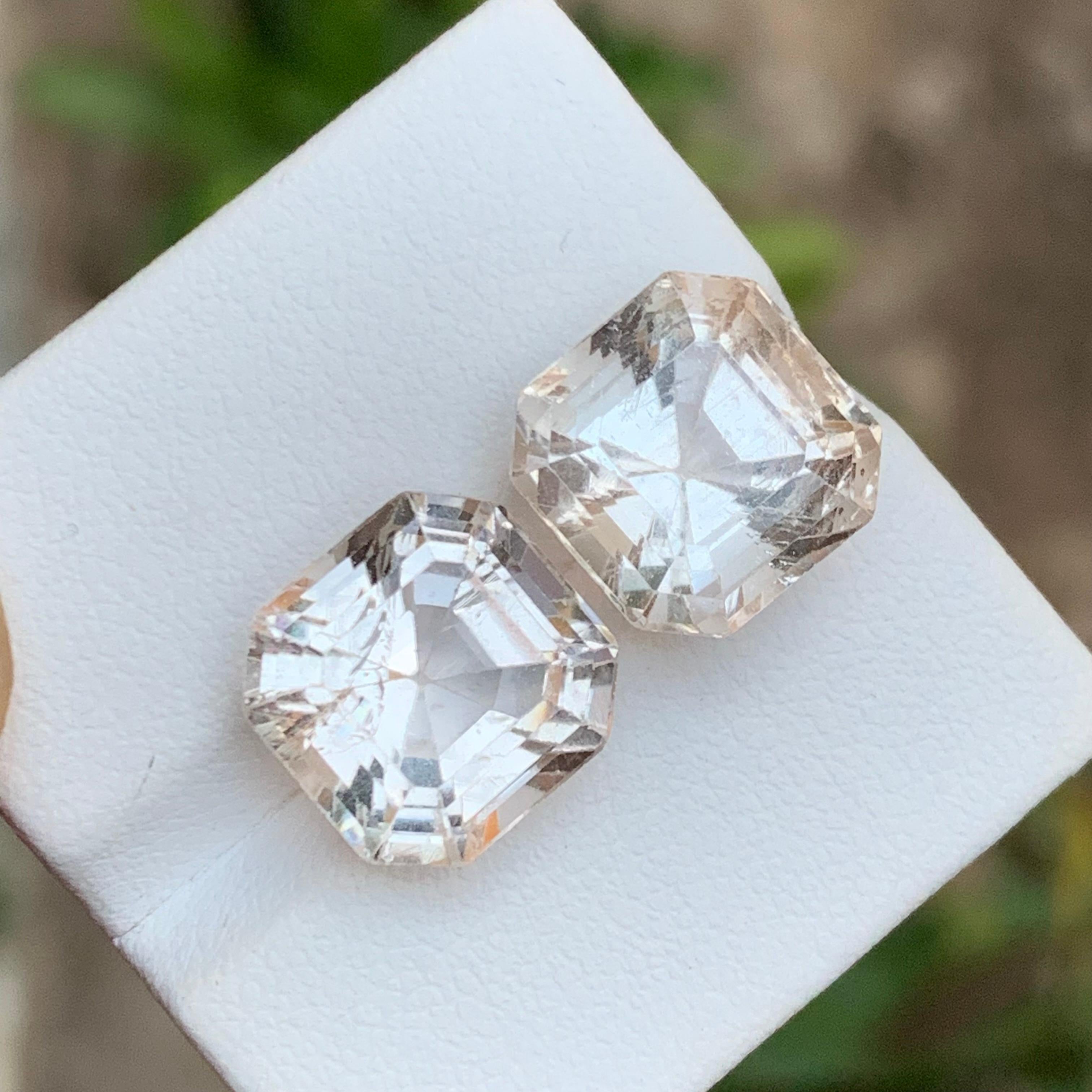 Rare Pastel Peach Natural Topaz Gemstone Pair, 19.35 Ct Asscher Cut for Earrings For Sale 1