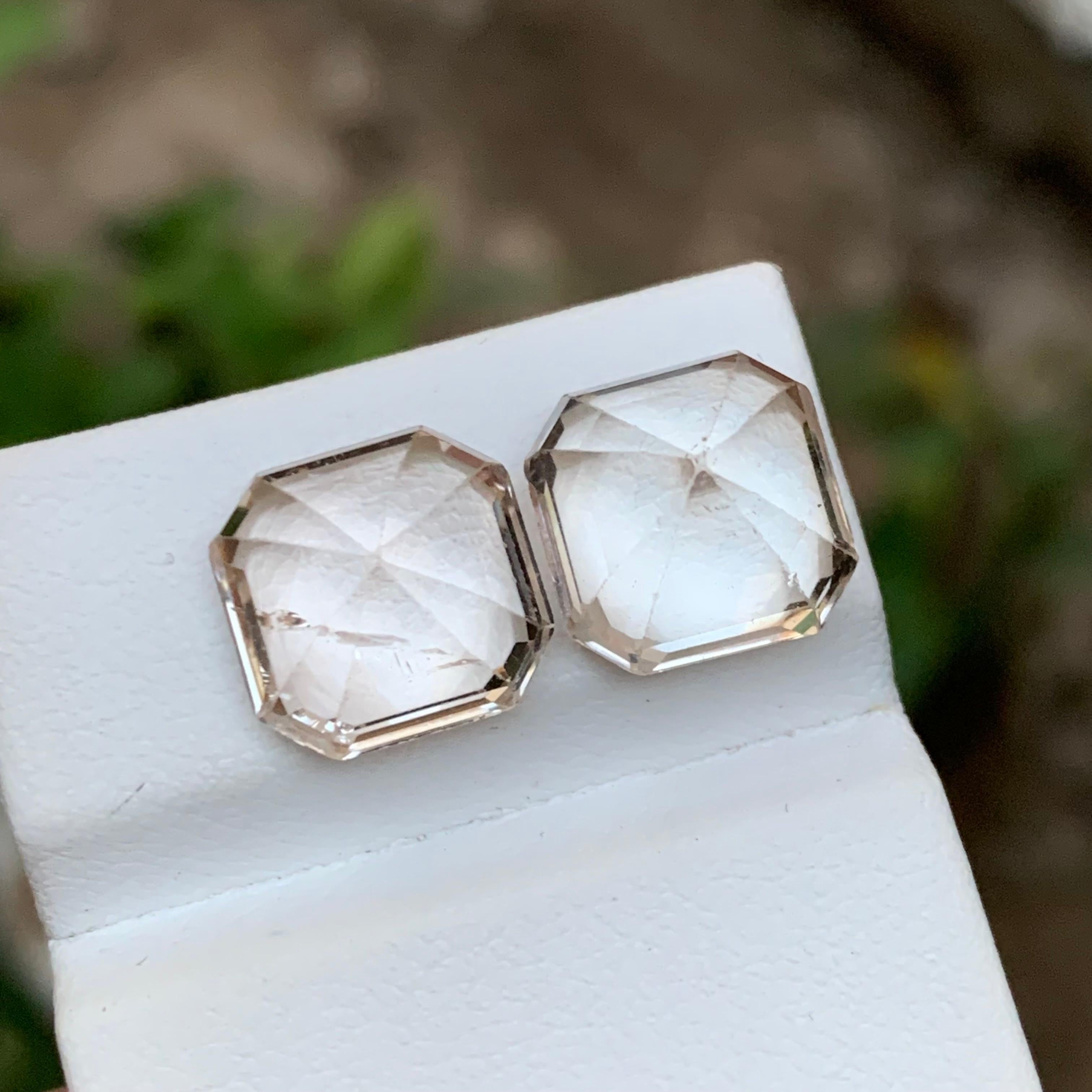 Rare Pastel Peach Natural Topaz Gemstone Pair, 19.35 Ct Asscher Cut for Earrings For Sale 2