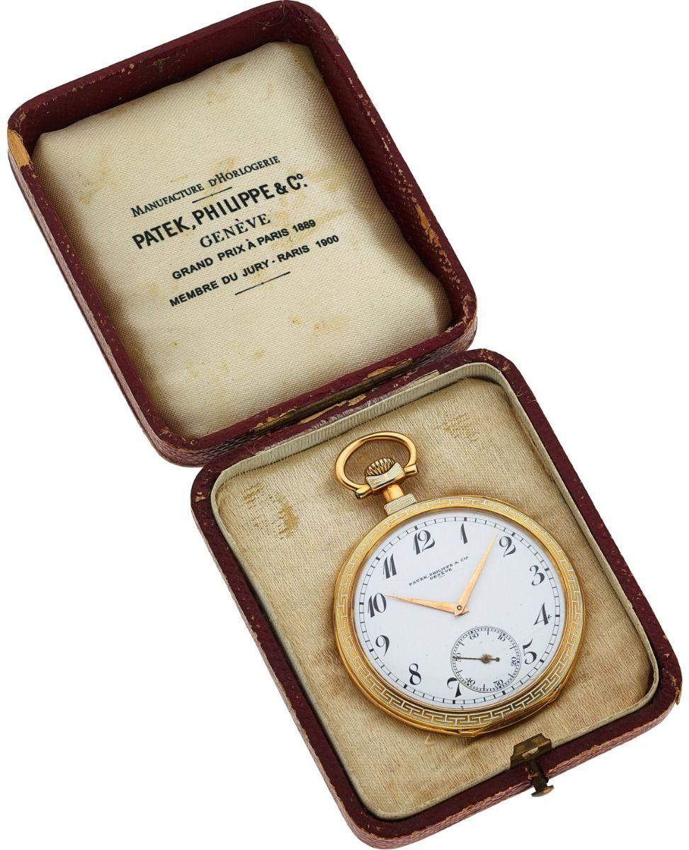Rare Patek Philippe 18K Yellow Gold Pocket Watch Commemorating The 1936 Berlin Olympics  - Manual winding . 18K Yellow gold hinged case  with White enamel Greek key and Olympic rings and Parthenon on the back  ( 48mm ) . White enamel dial with black