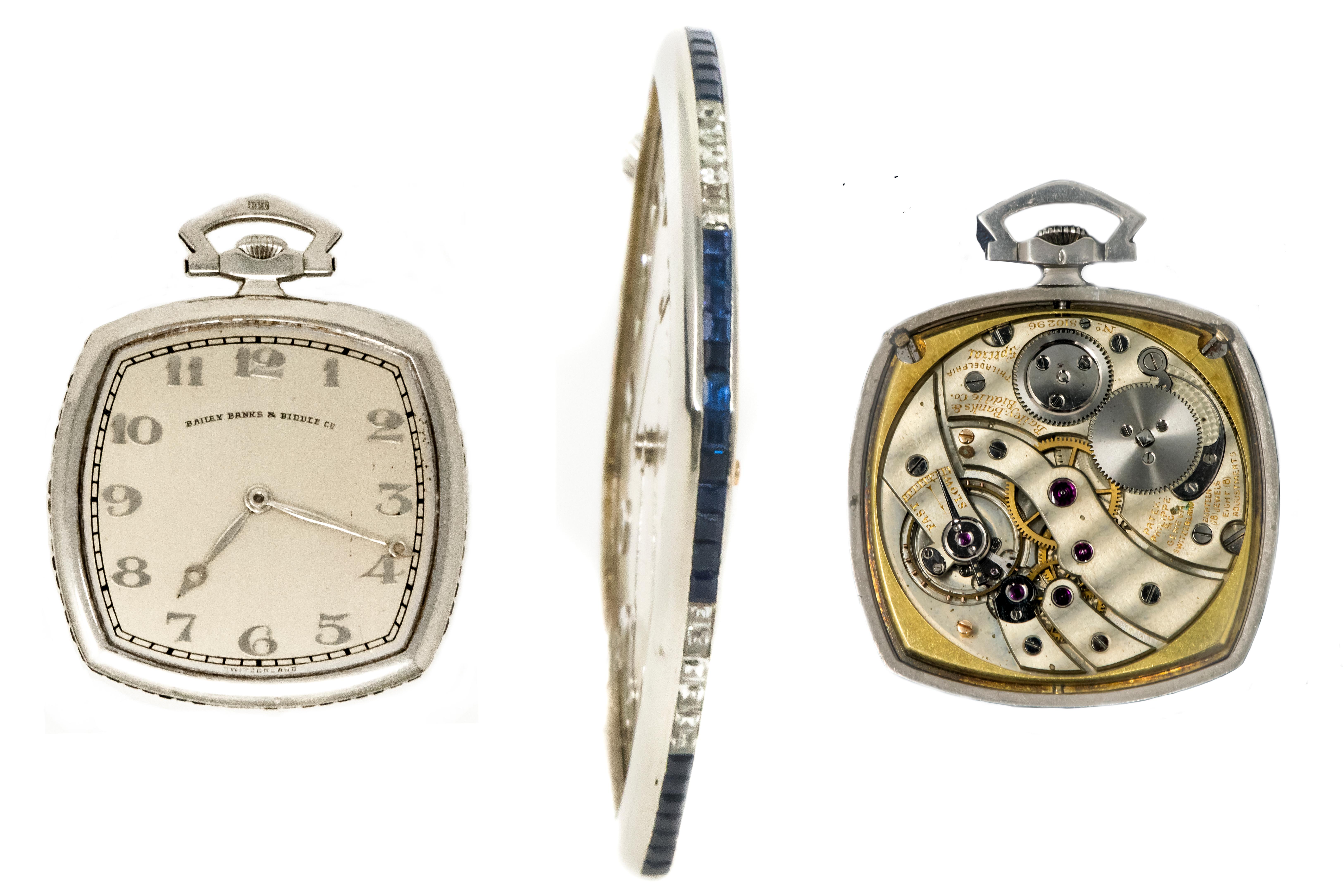 Patek Philippe  1930s


The present timepiece - a Rare & Sophisticated Platinum Sapphire & Diamond Factory Set Pocket Watch by Patek Philippe, Geneva, Retailed for Bailey Banks & Biddle, circa 1930s comes in perfect working condition. The monochrome