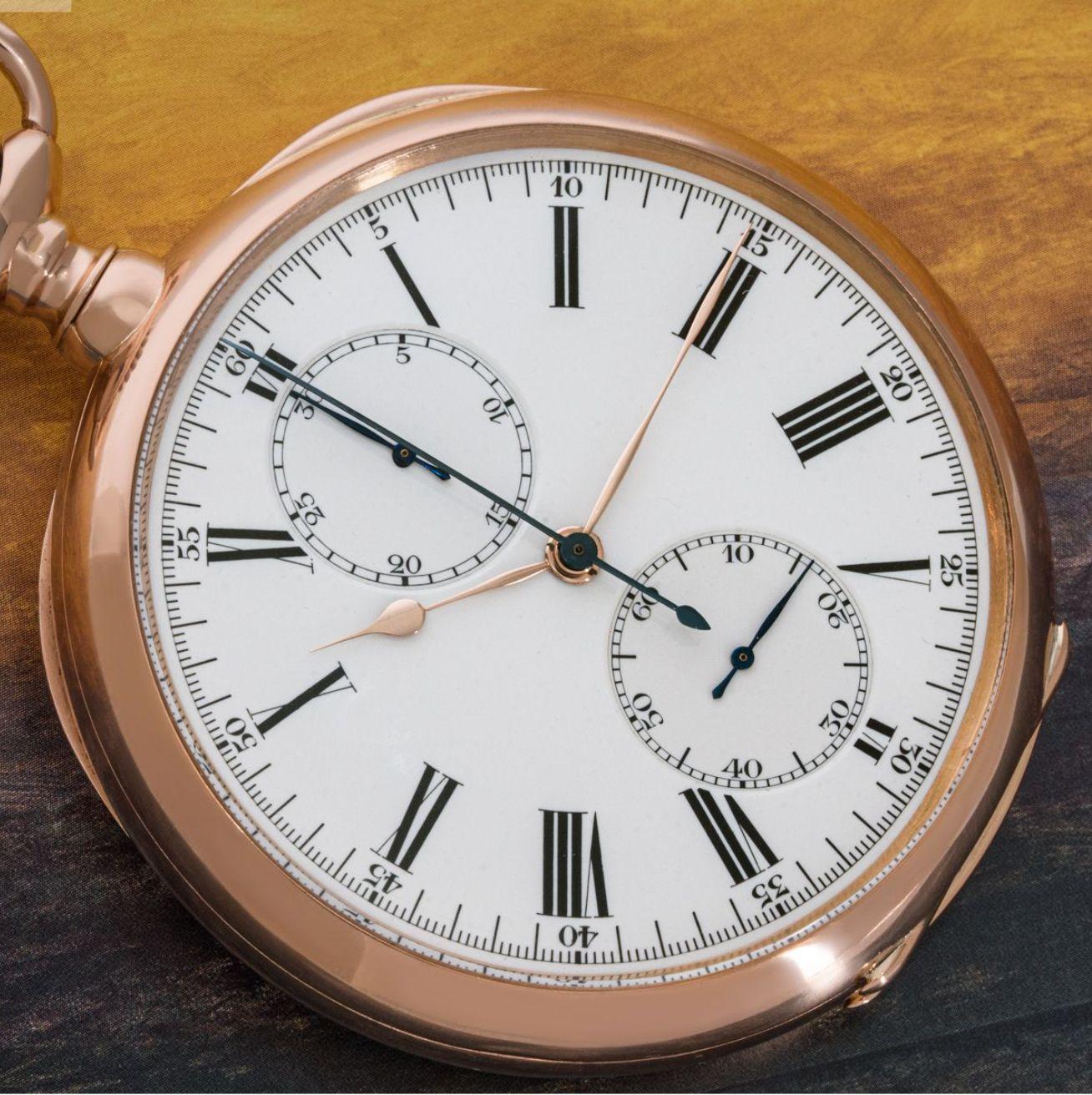 Patek Philippe Gondolo. A Rare Large Rose Gold Keyless Lever Open Face Chronograph Pocket Watch C1920s with it's Original Box.

Dial: The superb white enamel dial with Roman numerals outer minute track with Arabic five minute markers. The subsidiary
