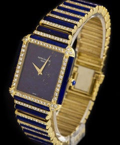 Rare Patek Philippe Yellow Gold Lapis Lazuli Dial Diamond Set Watch 3727-2