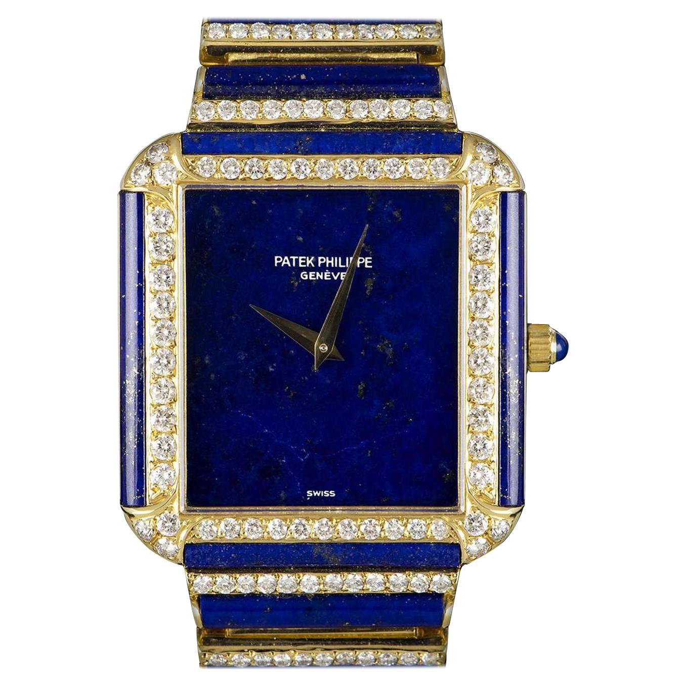 Rare Patek Philippe Yellow Gold Lapis Lazuli Dial Diamond Set Watch 3727-2