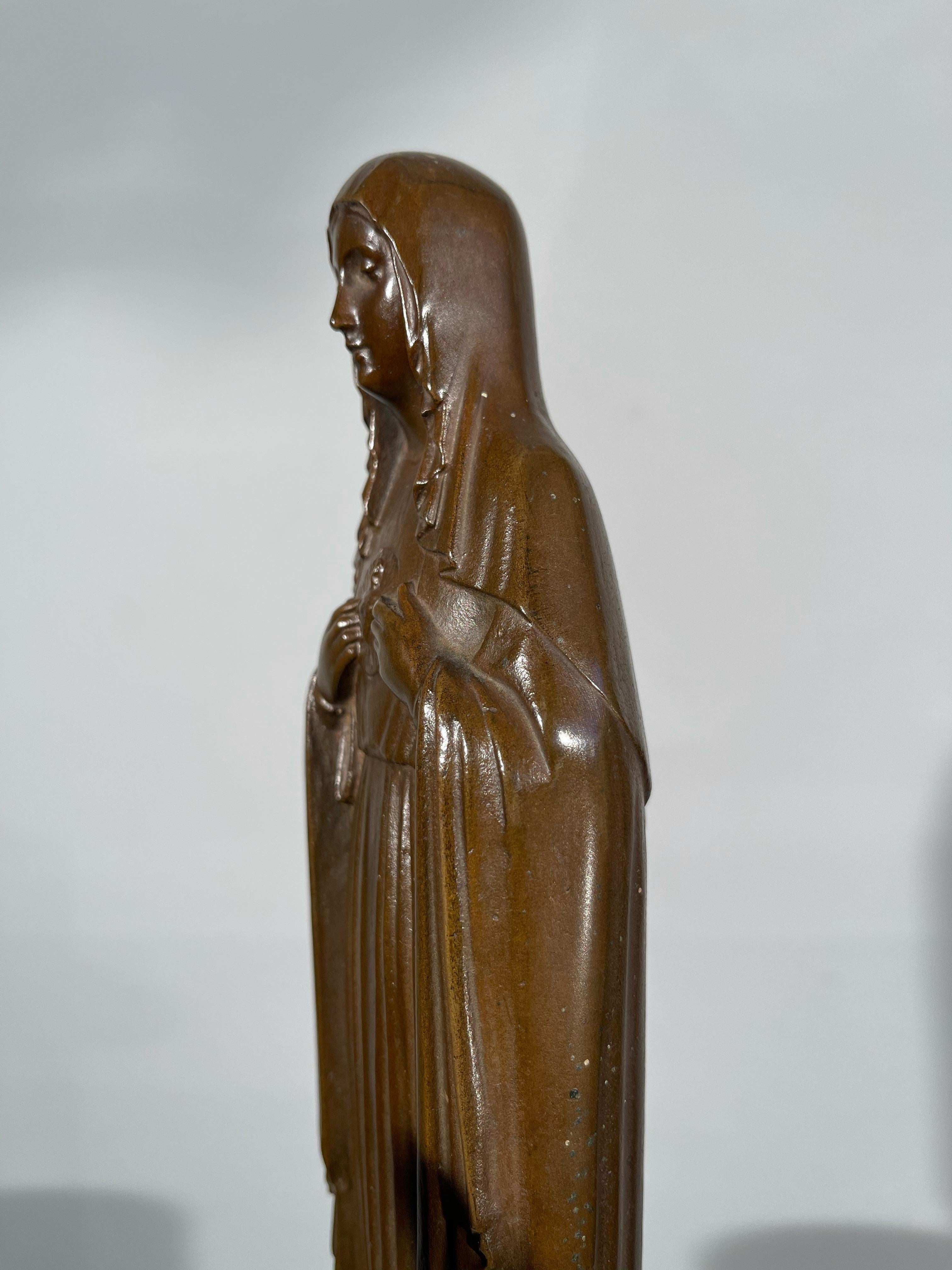 Rare Patinated Antique Bronze Sculpture of the Immaculate Heart of Virgin Mary For Sale 3