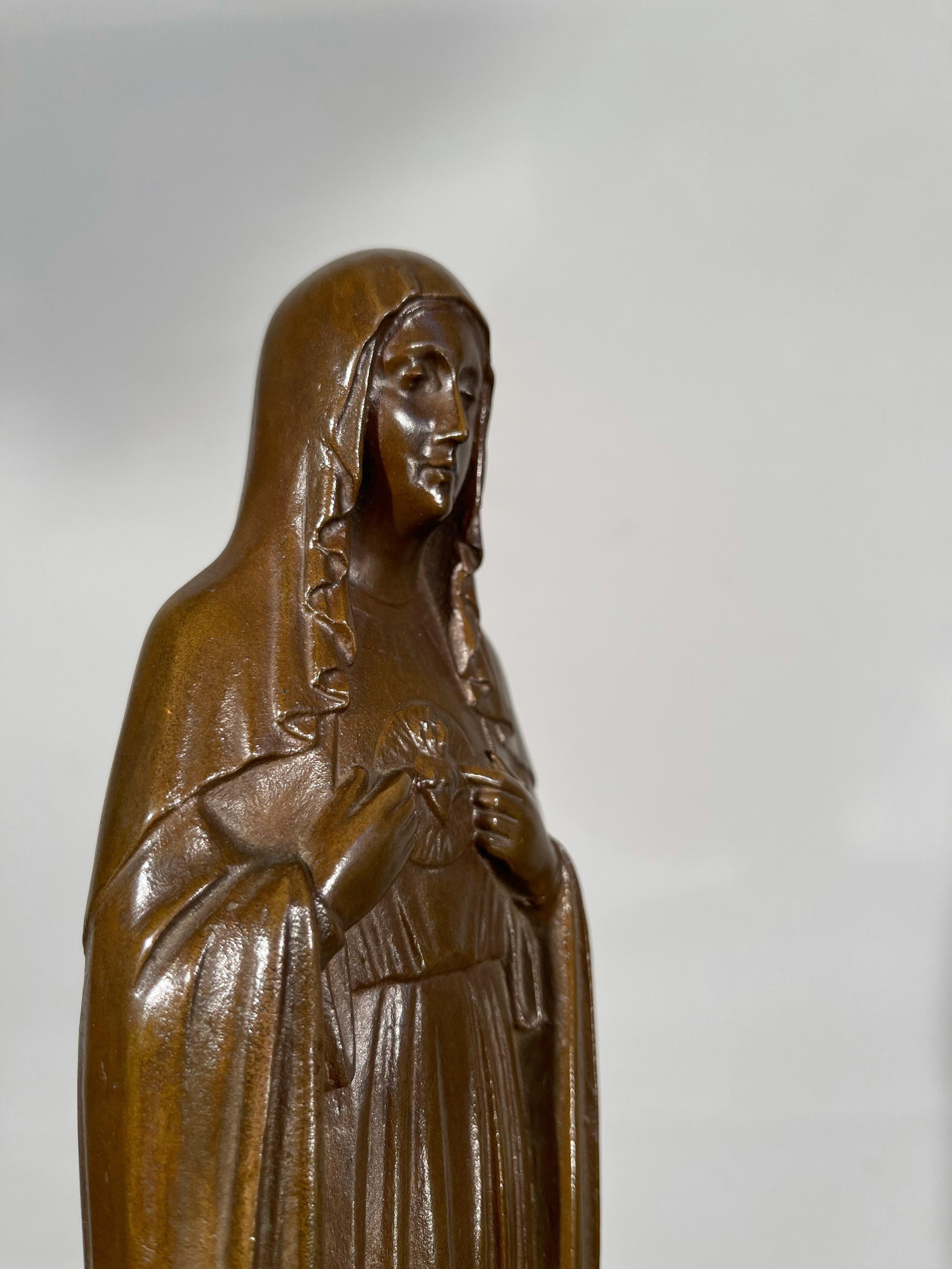 Rare Patinated Antique Bronze Sculpture of the Immaculate Heart of Virgin Mary For Sale 10