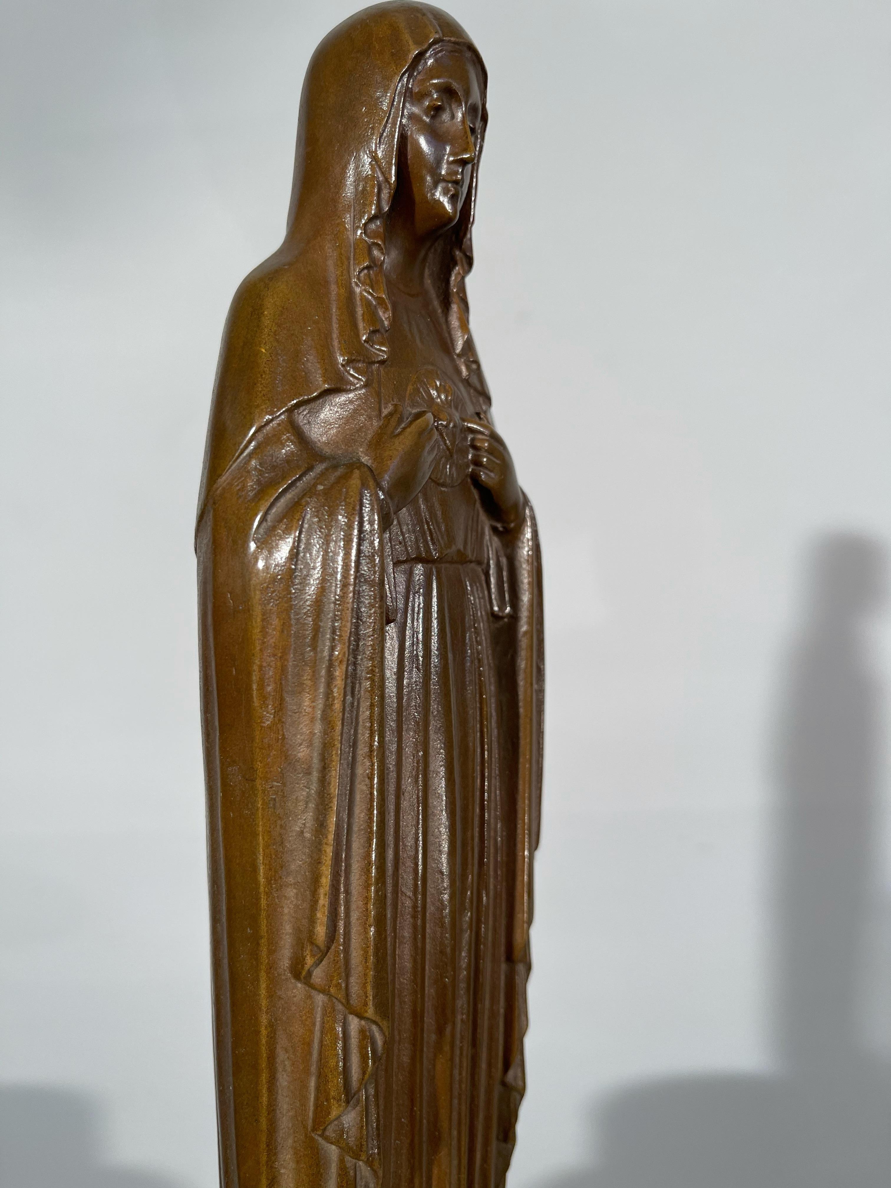 Rare Patinated Antique Bronze Sculpture of the Immaculate Heart of Virgin Mary For Sale 11