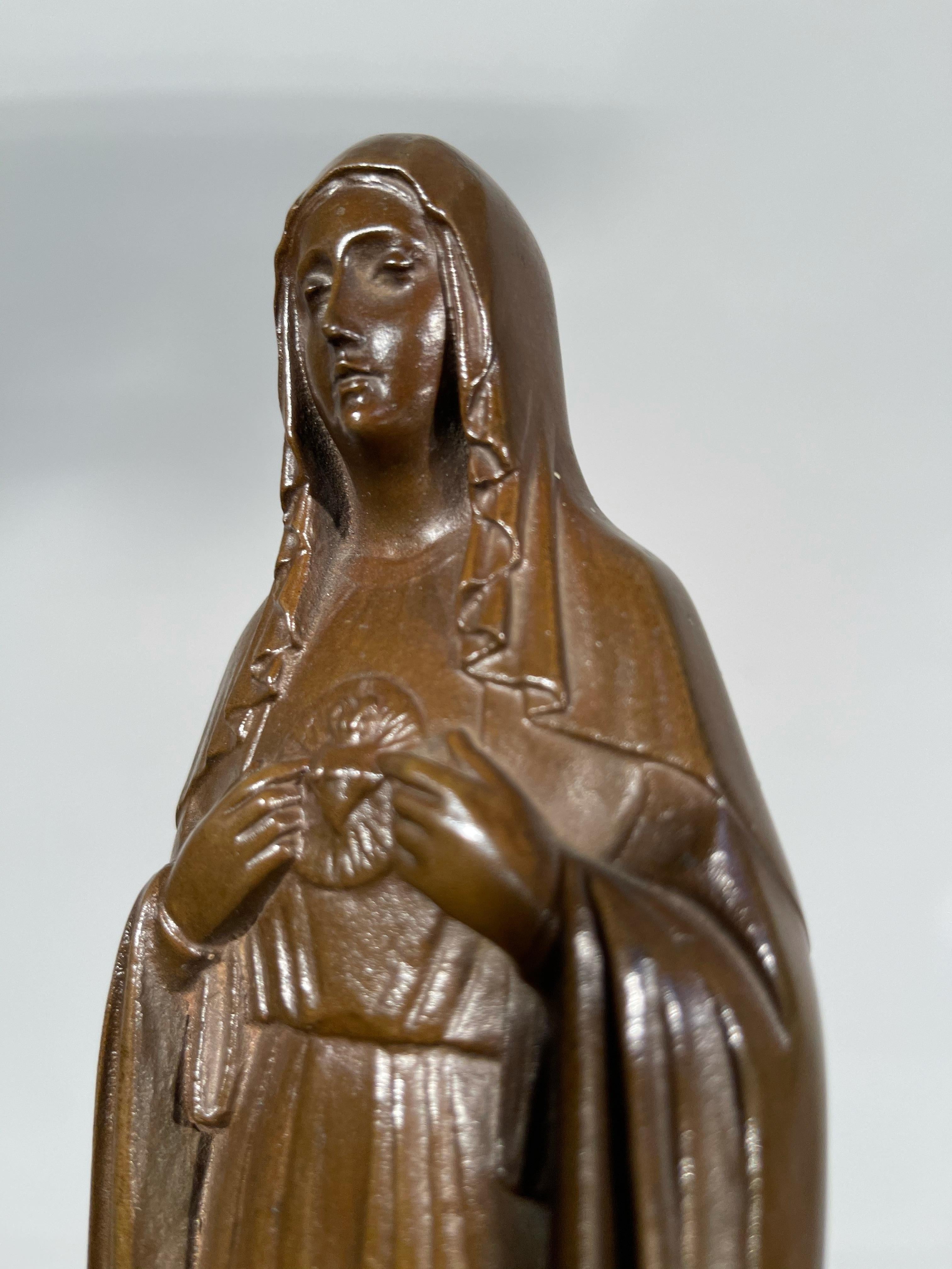 Gothic Revival Rare Patinated Antique Bronze Sculpture of the Immaculate Heart of Virgin Mary For Sale