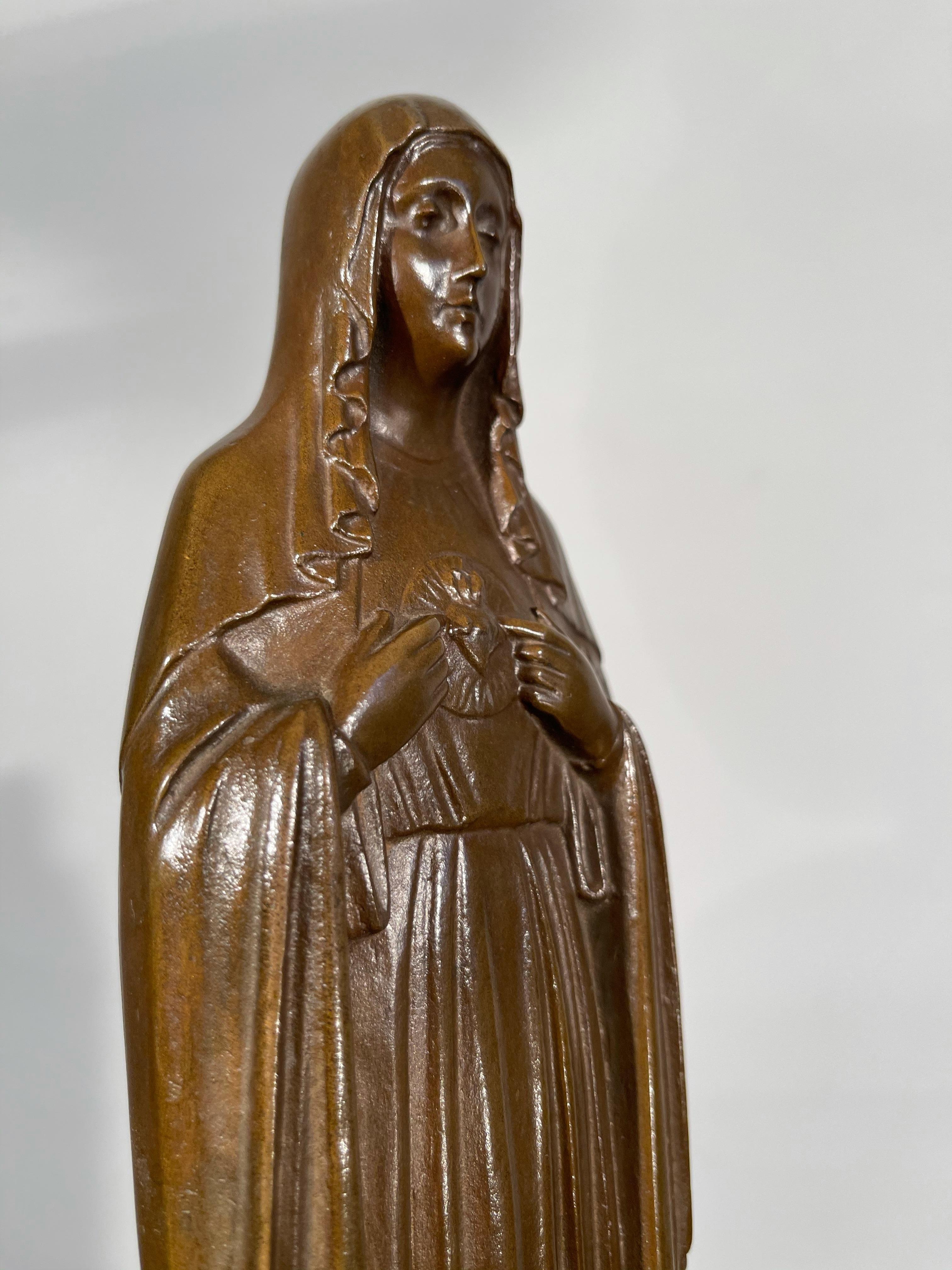 European Rare Patinated Antique Bronze Sculpture of the Immaculate Heart of Virgin Mary For Sale
