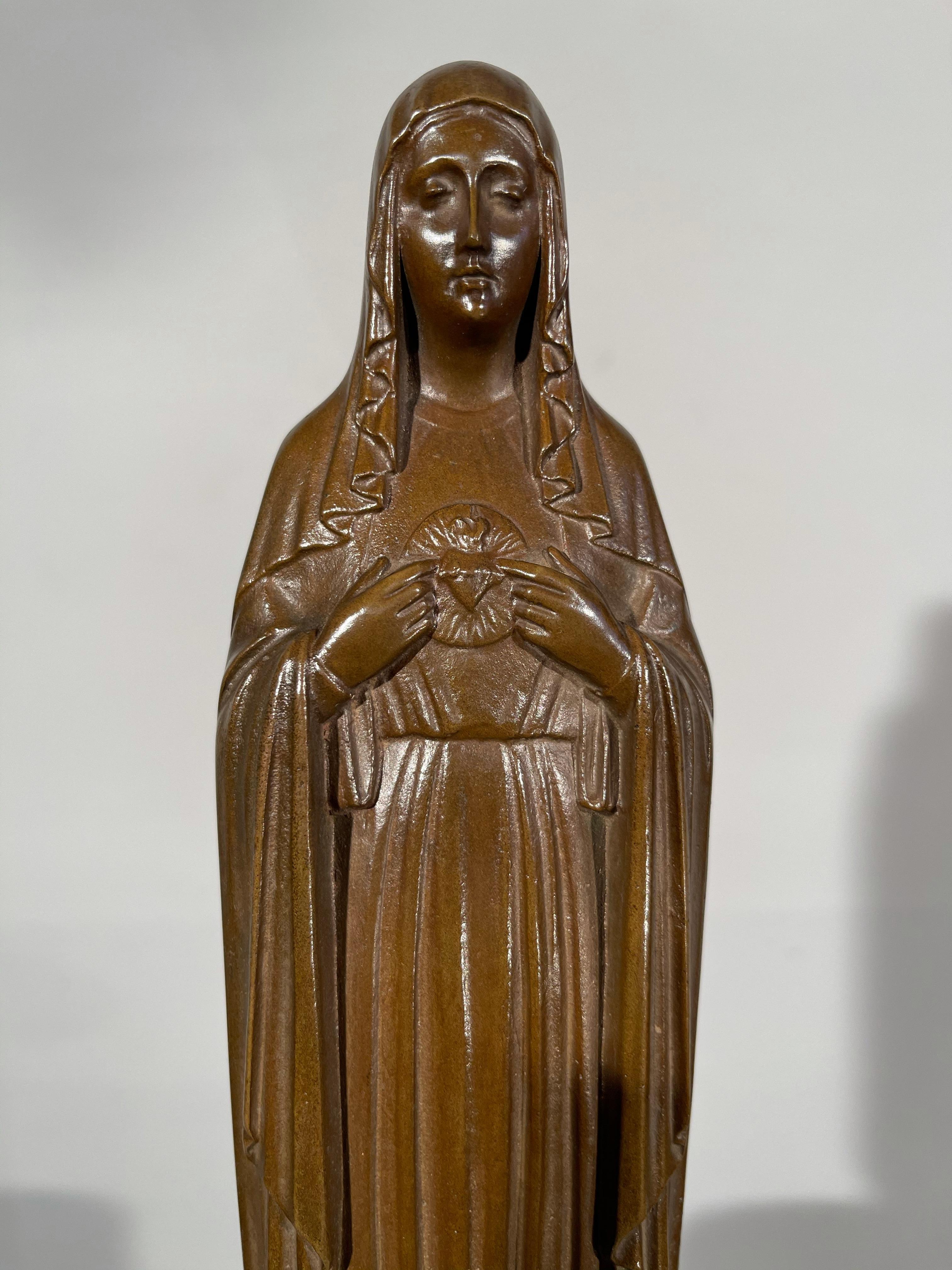 Rare Patinated Antique Bronze Sculpture of the Immaculate Heart of Virgin Mary In Excellent Condition For Sale In Lisse, NL