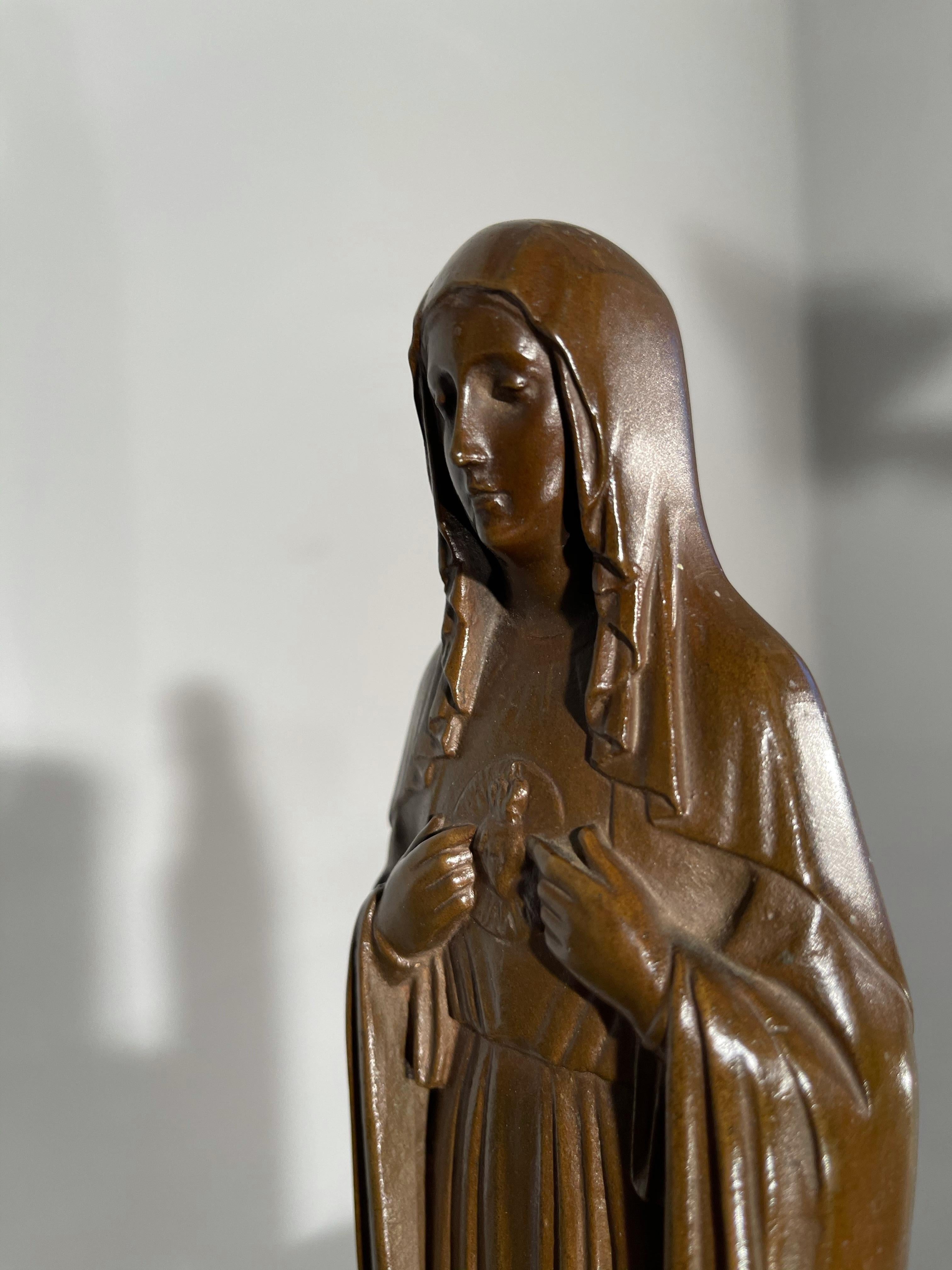 Rare Patinated Antique Bronze Sculpture of the Immaculate Heart of Virgin Mary For Sale 2