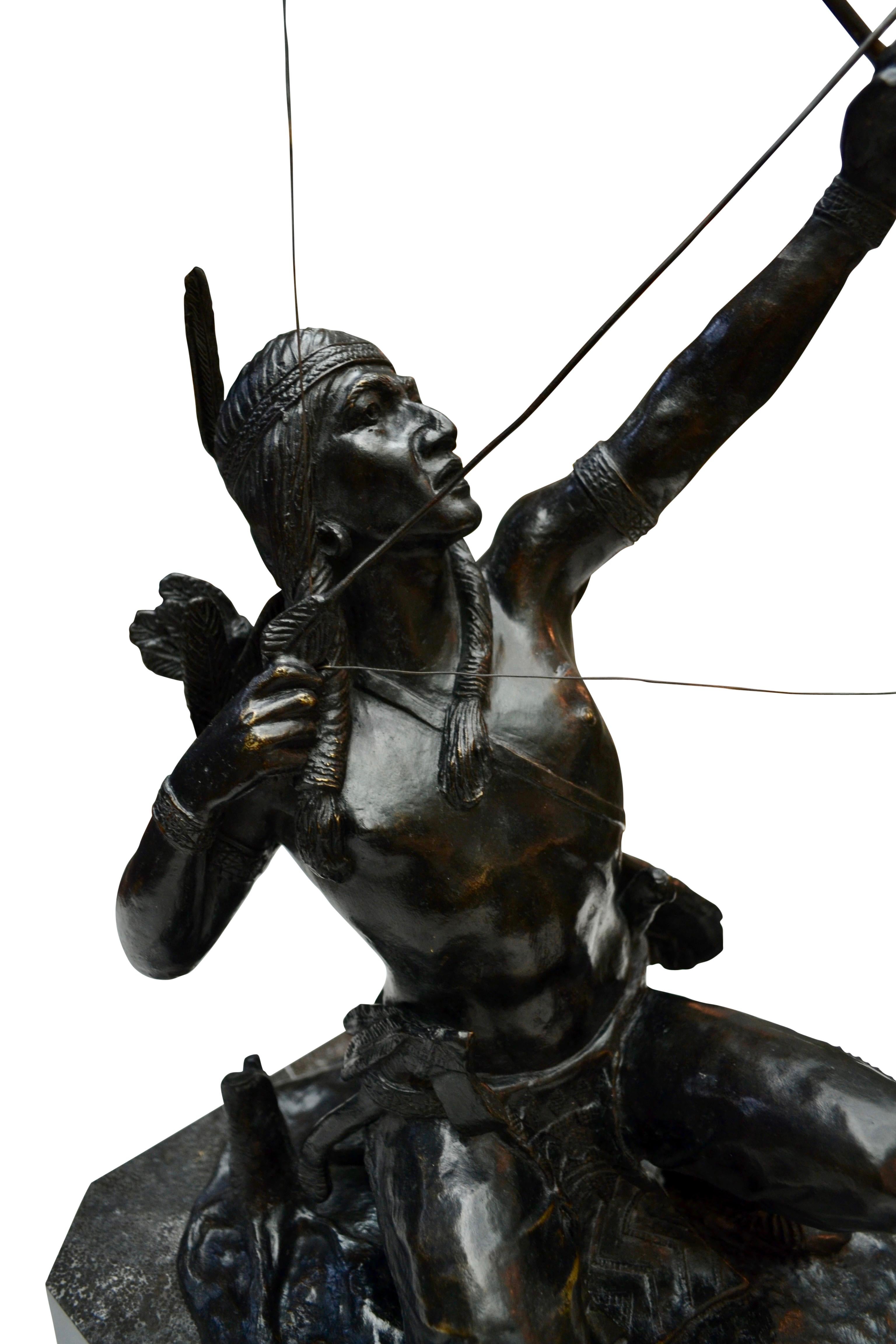 Rare Patinated Bronze Statue of a Native American Indian Archer on the Hunt For Sale 7