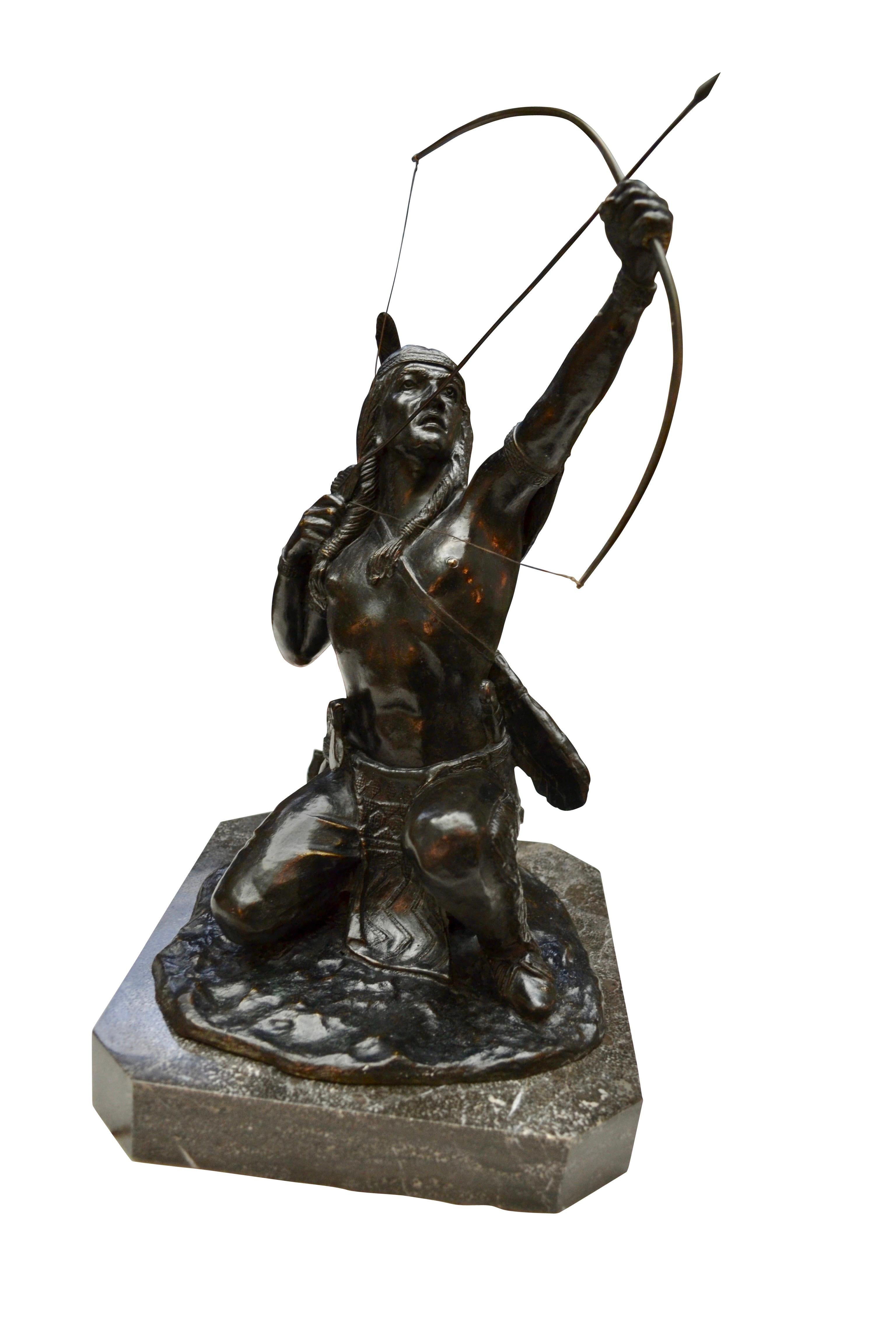 Rare Patinated Bronze Statue of a Native American Indian Archer on the Hunt For Sale 8