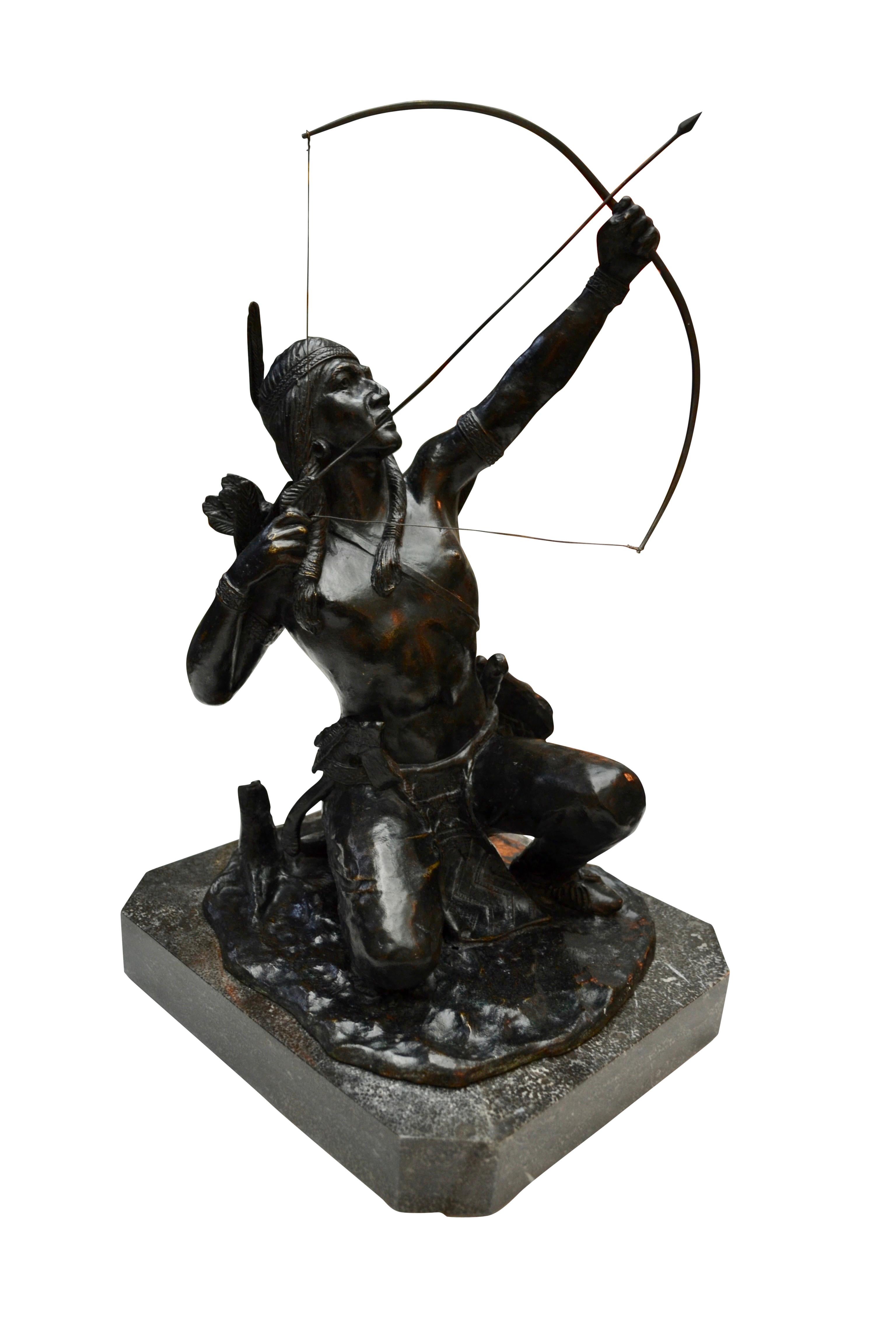 French Rare Patinated Bronze Statue of a Native American Indian Archer on the Hunt For Sale