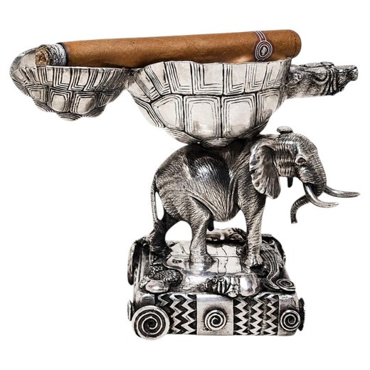 Rare Patrick Mavros Sterling Silver Elephant and Tortoise Ashtray c. 2005
