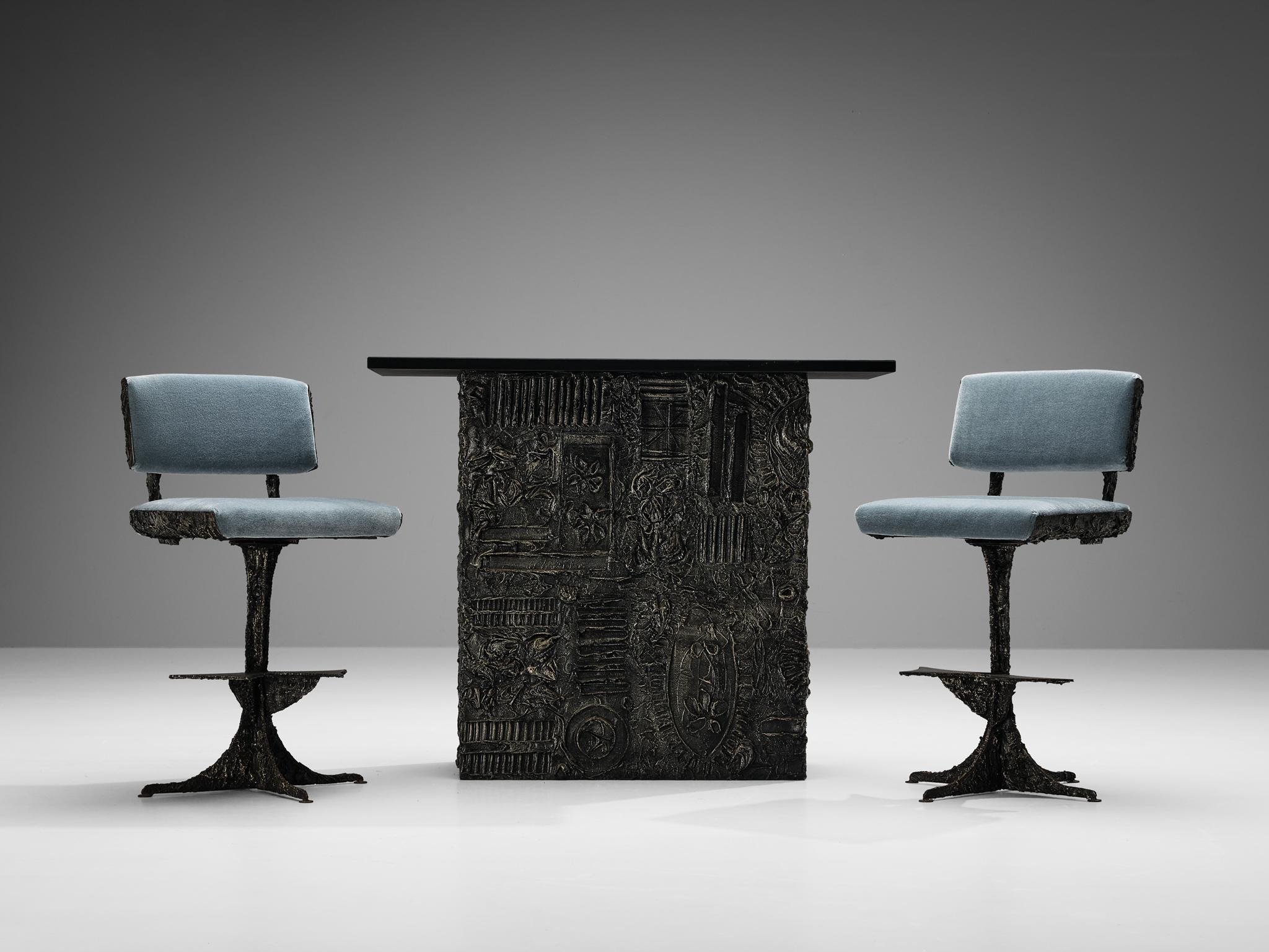 American Rare Paul Evans for Directional Bar Suite with Barstools in Sculpted Bronze